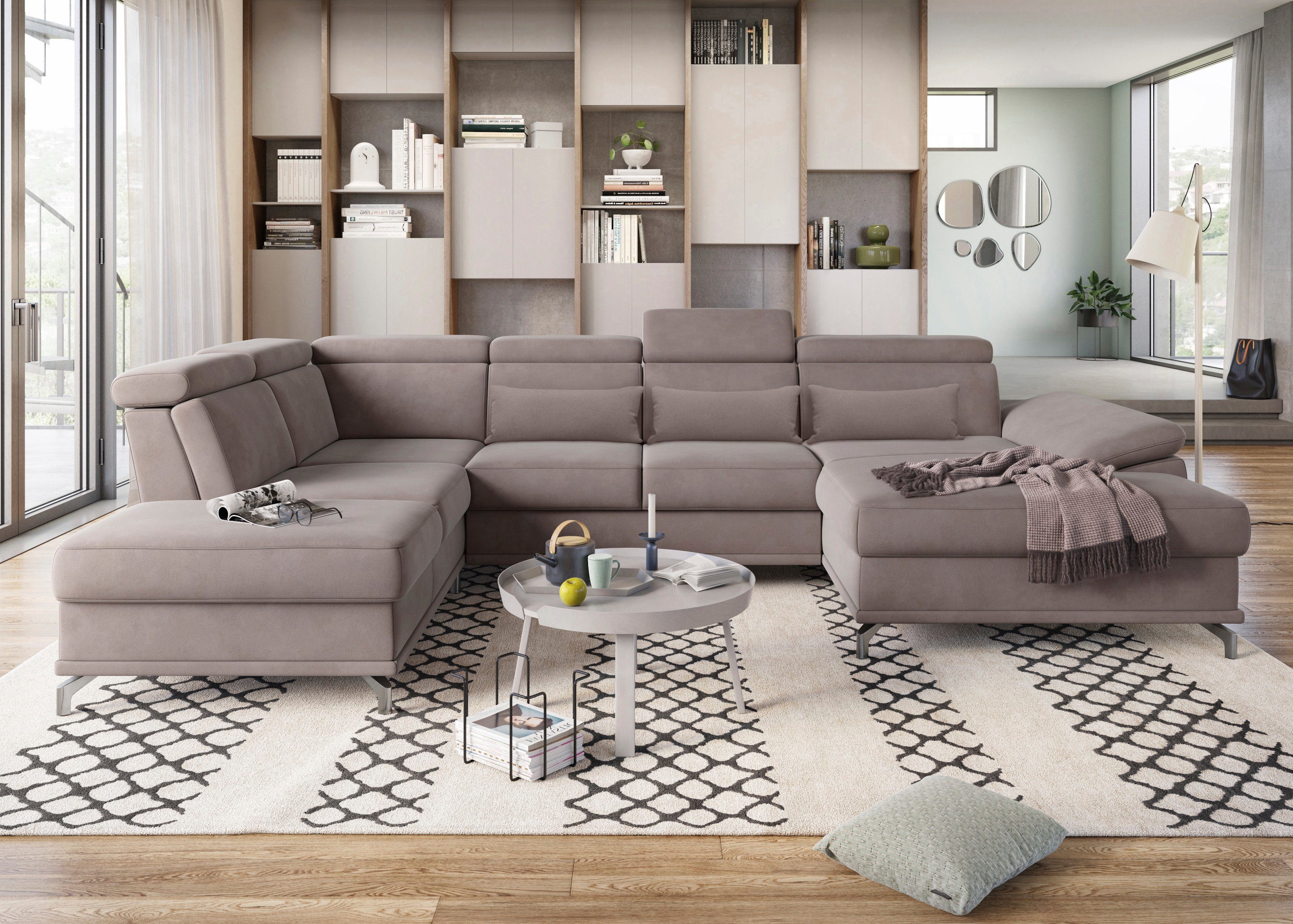 sit&more Zithoek Cabrio U-vorm, met zitdiepteverstelling, arm- en hoofdsteunverstelling bruin, zithoeken, Breedte ligoppervlak: 280 cm, Lengte
