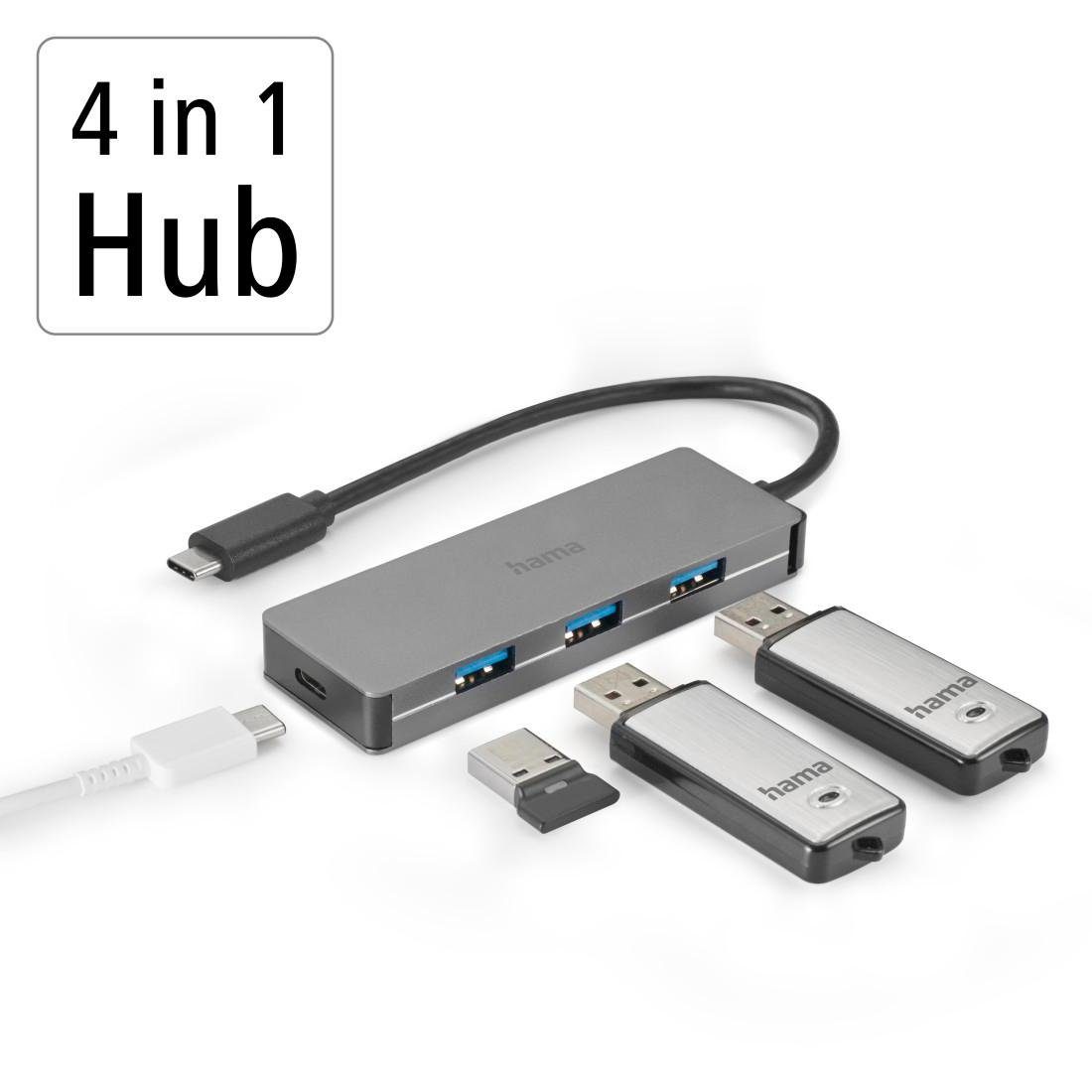 Hama USB-adapter USB-C multiport hub voor laptop met 4 poorten, USB-A, USB-C, zilverkleurig (1 stuk)