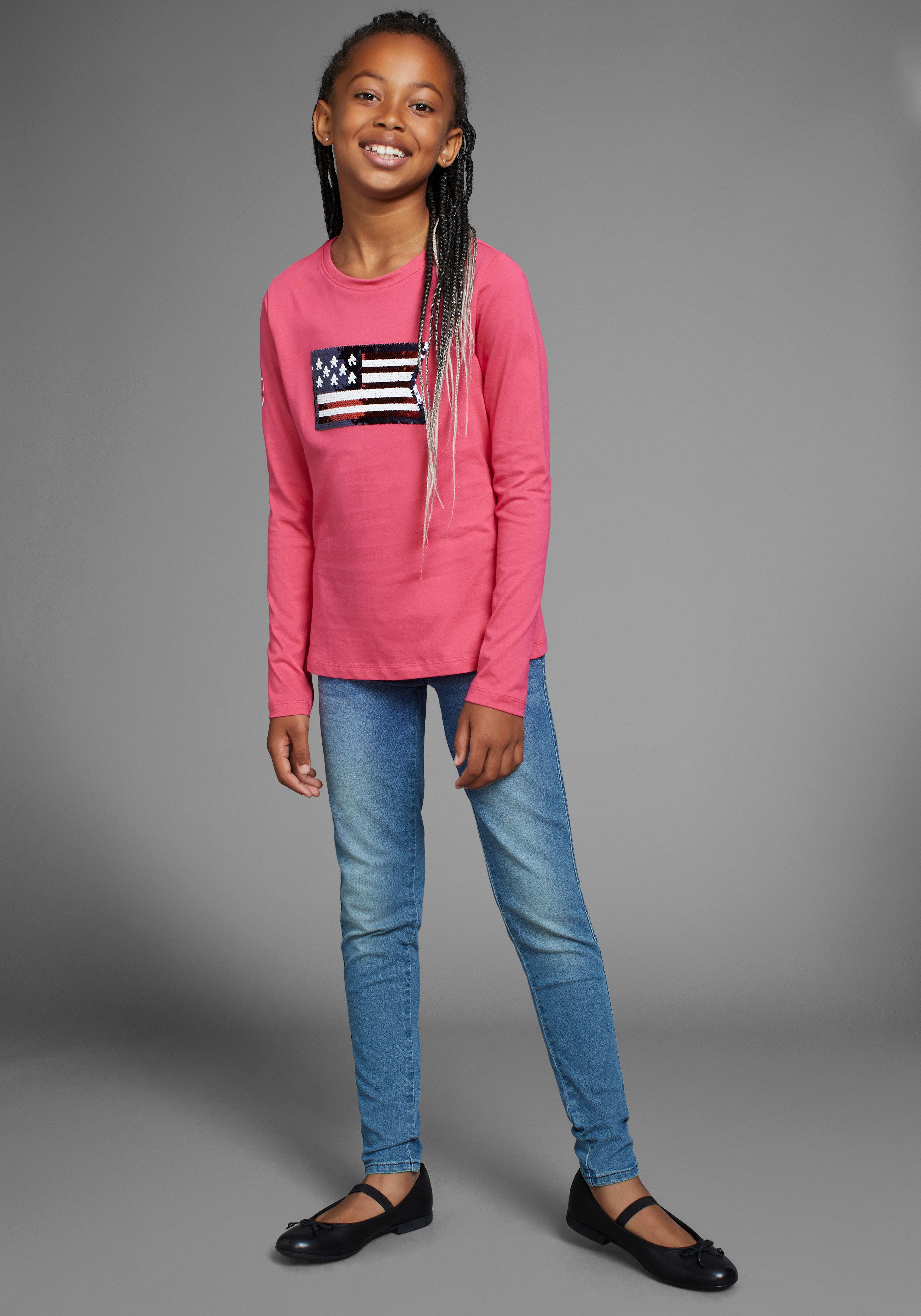 DELMAO Shirt met lange mouwen Met changerende pailletten pailletten in 2 kleuren te dragen