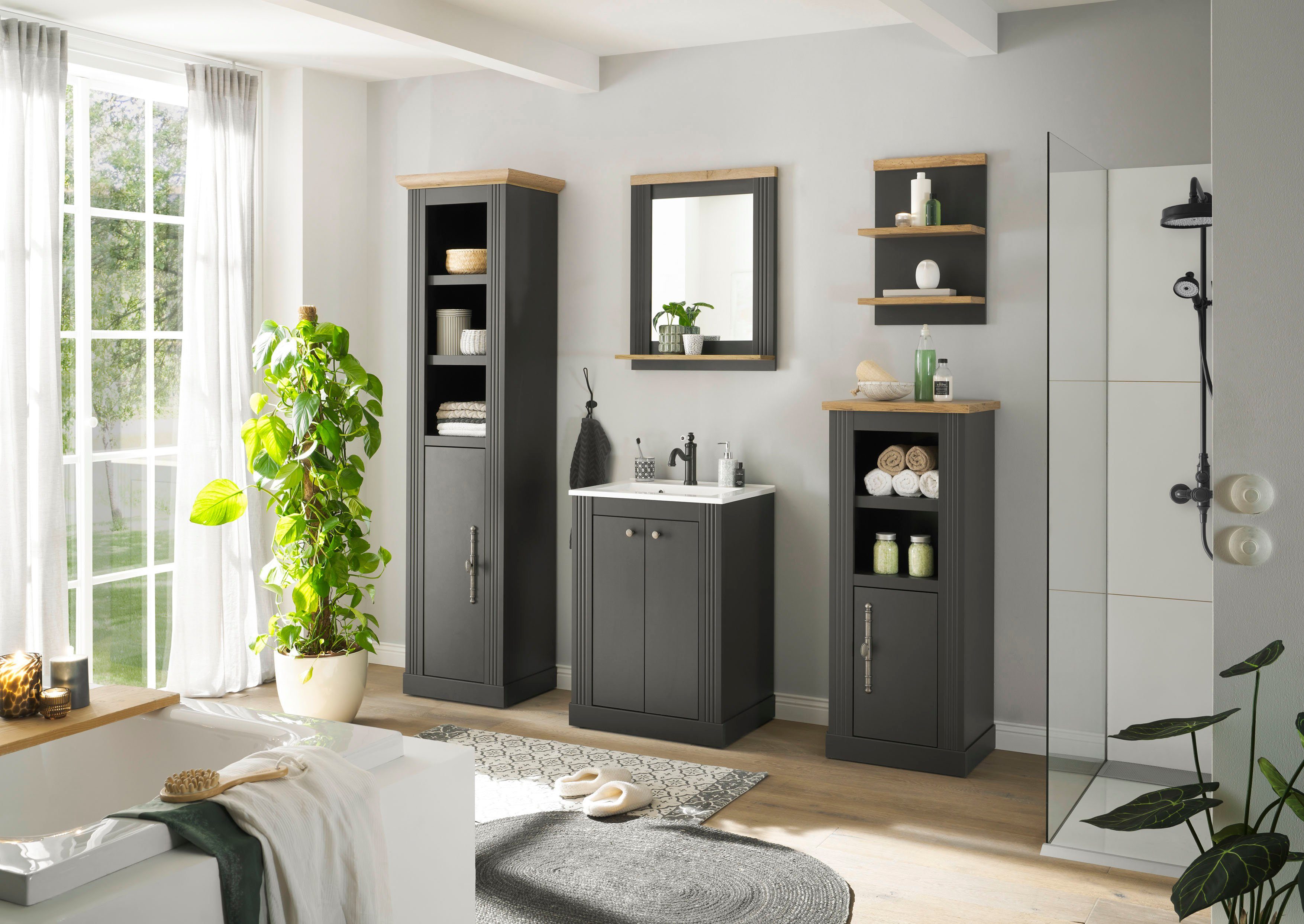 Home affaire Badkamerserie WESTMINSTER, badkamer in landhuisstijl, 5-delig badkamer Waschtafel, spiegel, midikast, plank, hoge kast, breedte 200 cm (5-delig)