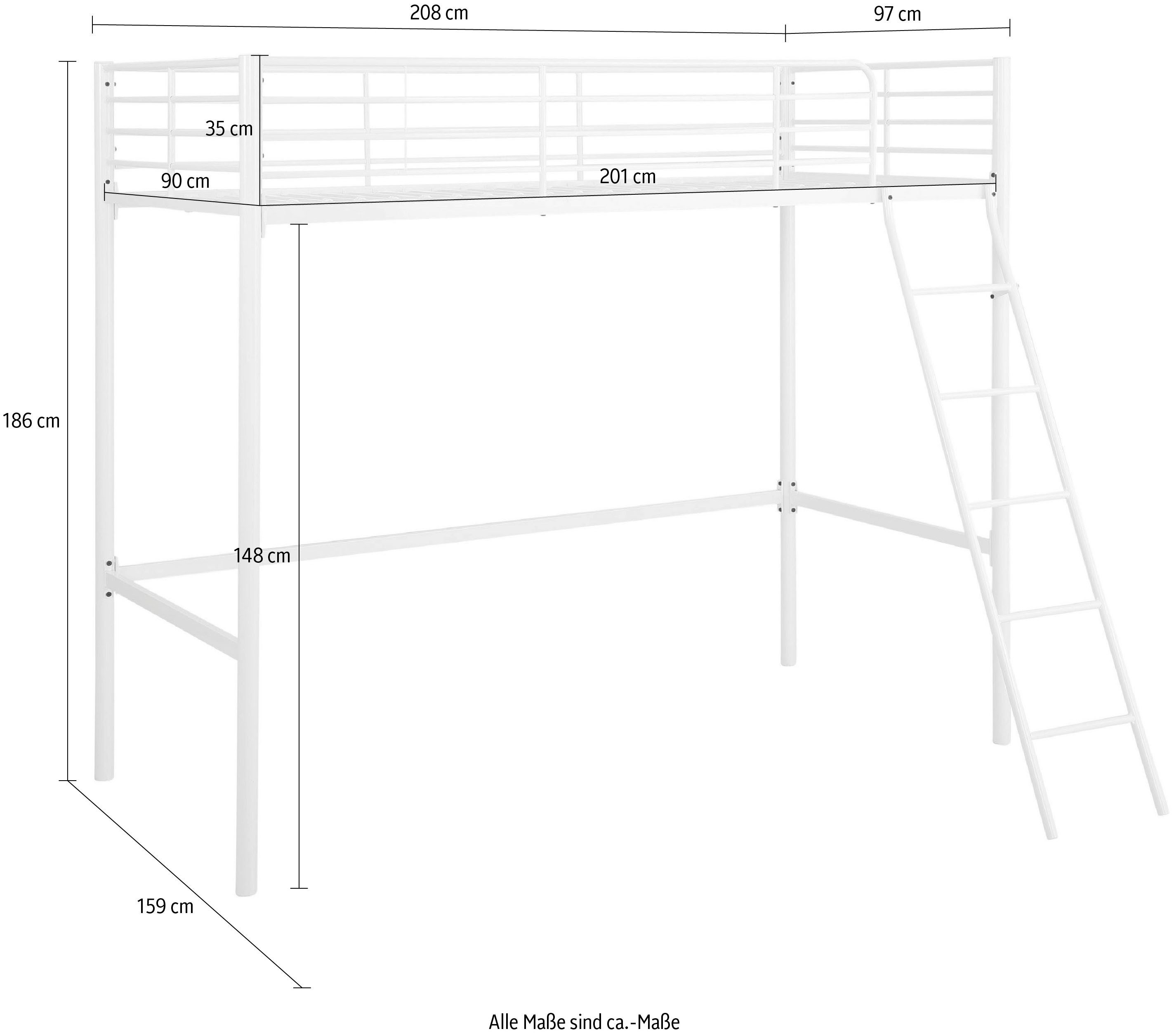 Lüttenhütt Hoogslaper Hayo, tijdloos metalen bed, in verschillende kleuren incl. lattenbodem, valbeveiliging en ladder van metaal