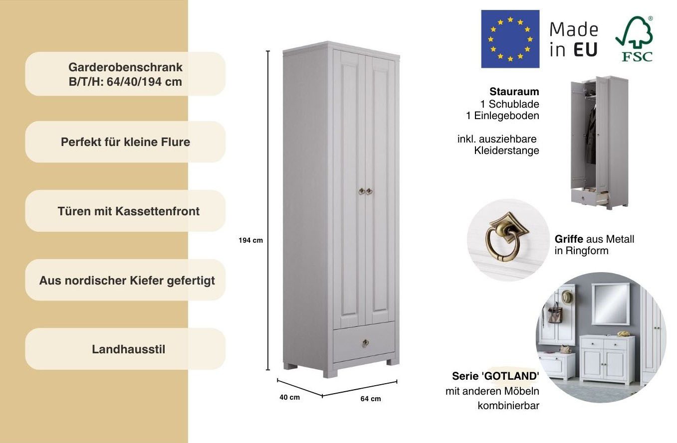 Home affaire Kledingkast Gotland, draaideurkast, garderobe van massief grenen, fsc®-gecertificeerd, hoogte 193 cm