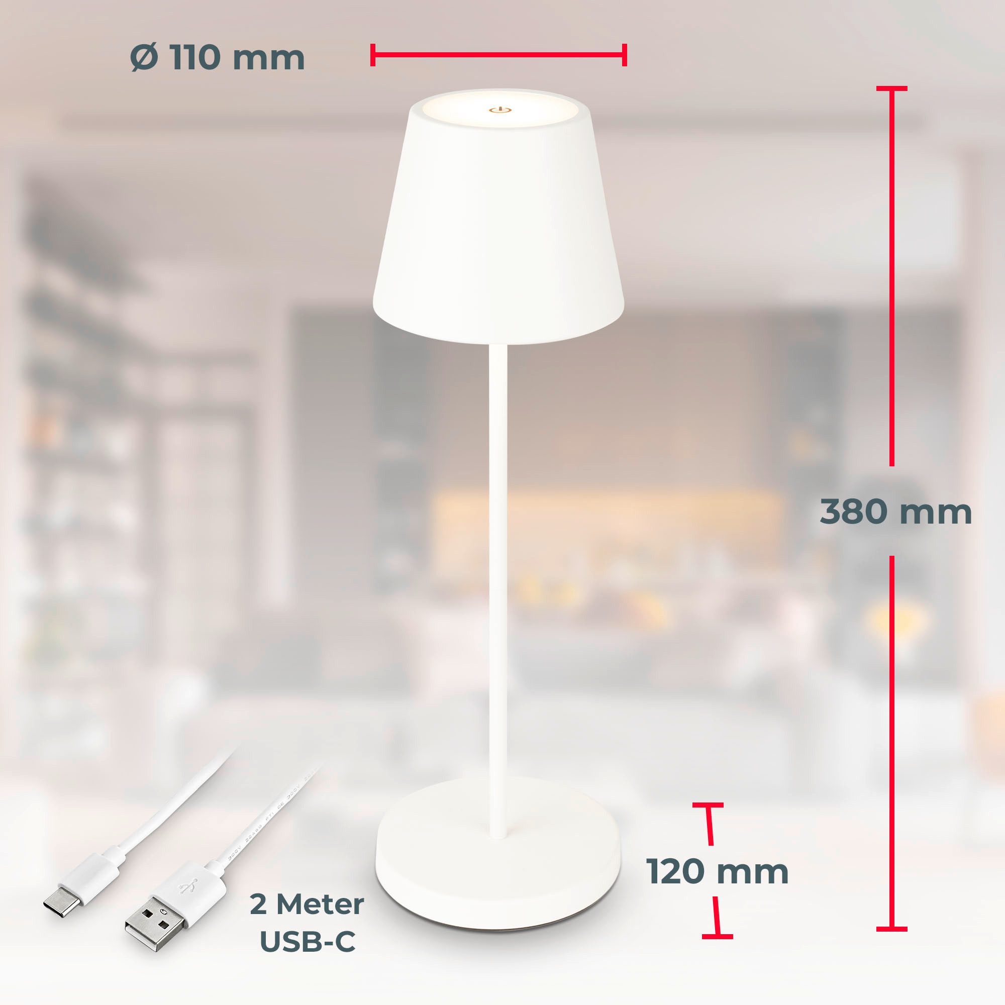 B.K.Licht Tafellamp voor buiten LED accu tafellamp met touchdimmer Kunststof metaal met USB-kabel en ingebouwde batterij IP54 Ø 12 cm (1 stuk)