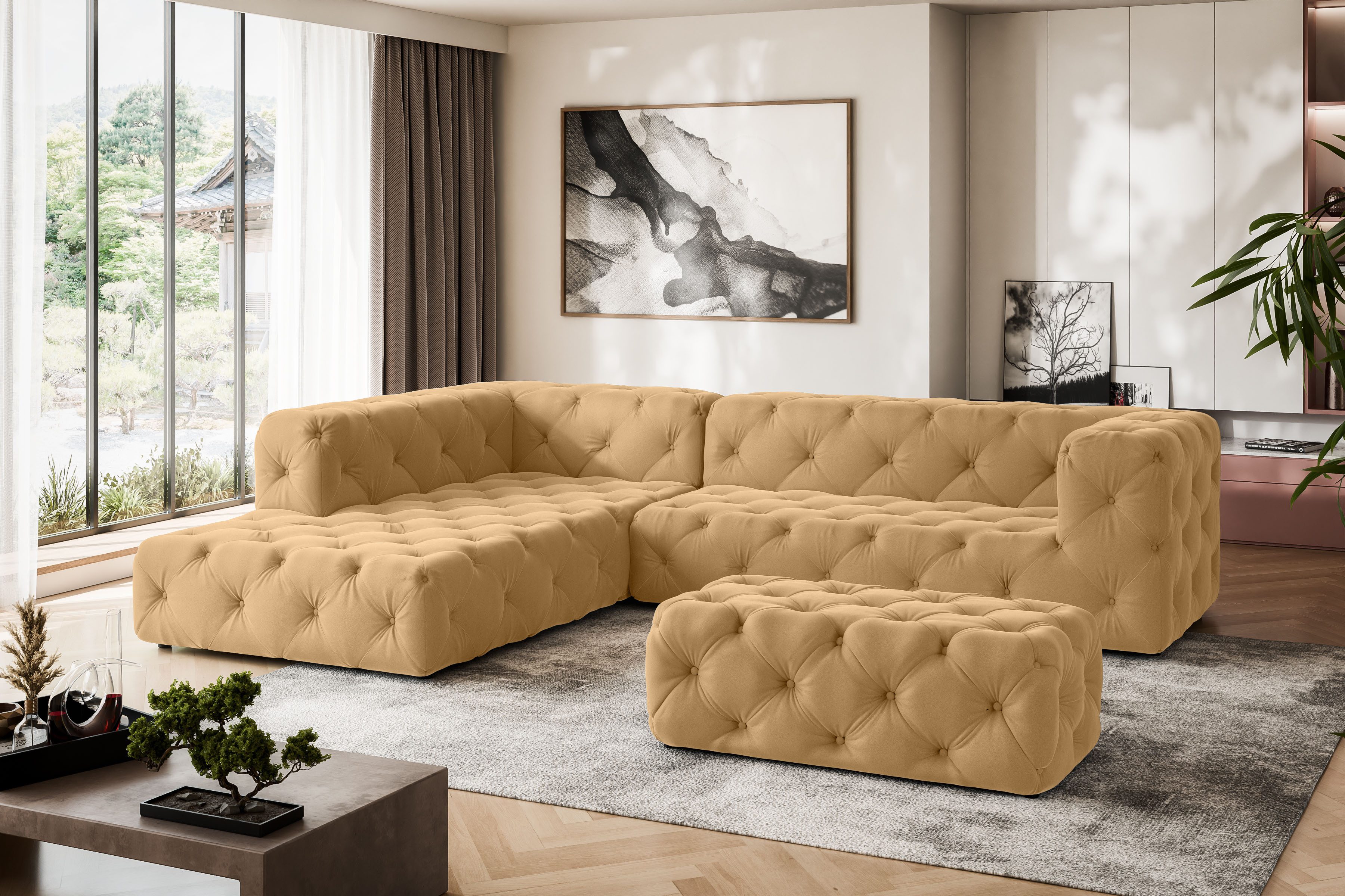 Places of Style Hocker FOLLINA Beklede poef met klassieke Chesterfield-knopafwerking