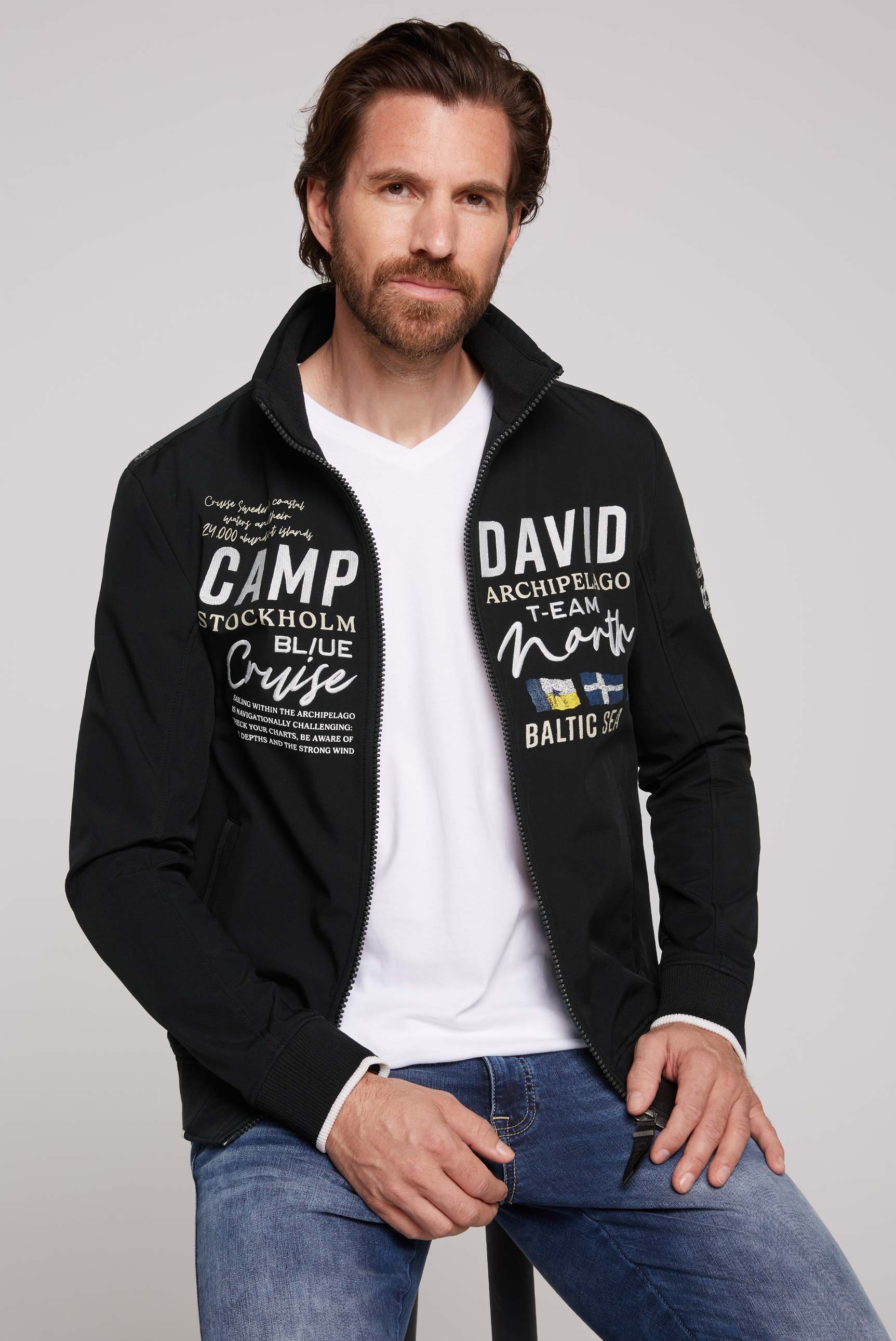 CAMP DAVID Softshell-jack met staande kraag en logo-prints en borduursels