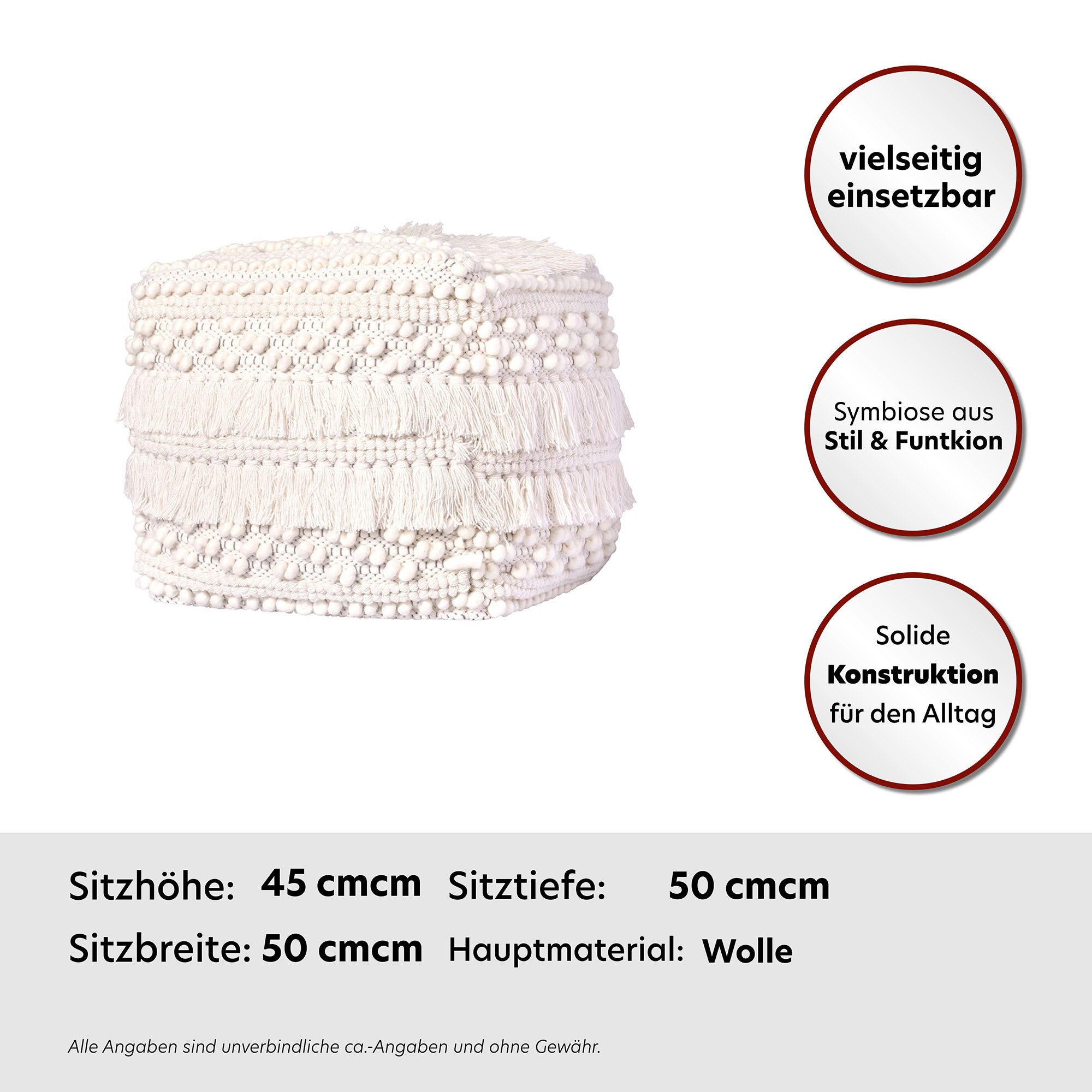 Kayoom Poef Bohist 325 50cm x 50cm, Structuren met franjes en kwasten handgemaakt, uniek, zeer goed te combineren, veelzijdig in gebruik (1 stuk)