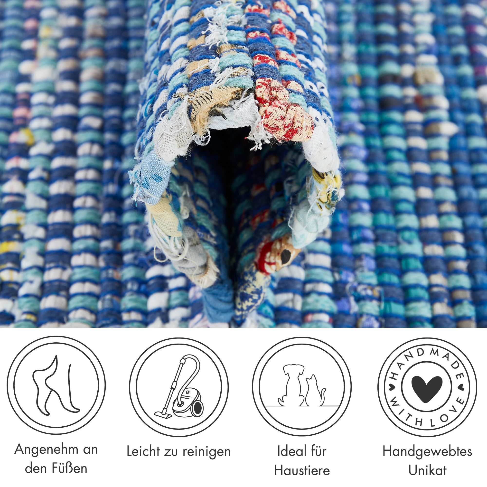 Andiamo Vloerkleed Frida Handgeweven vloerkleed, Fleckerl, puur katoen, met de hand geweven, met franje