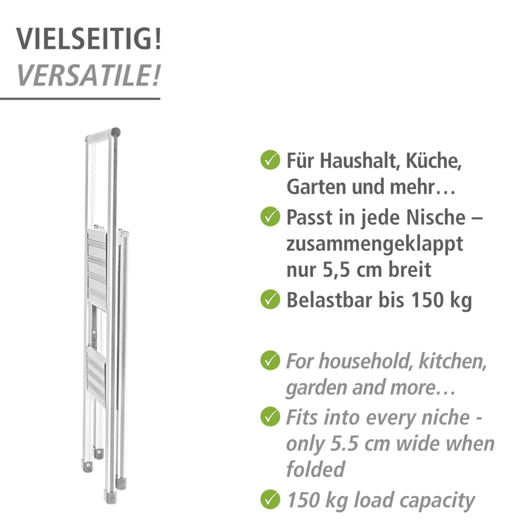 WENKO Huishoudtrapje Model Alu-Design Aluminium-design, XXL-treden, plat inklapbaar