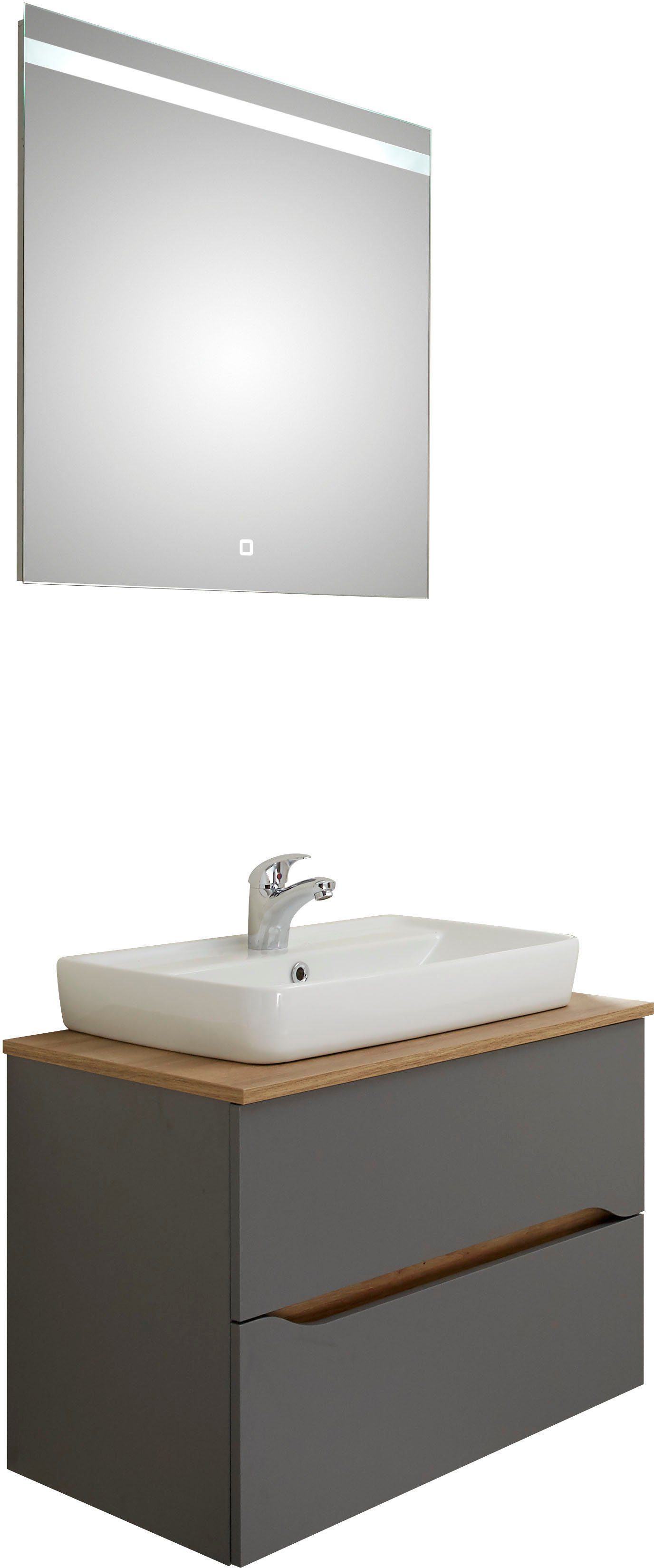 Saphir Badkamerserie Quickset 2-delig, keramieken opzetwasbak met led-spiegel Wastafelmeubel 73 cm breed, inclusief deurdemper, 2 laden (4-delig)