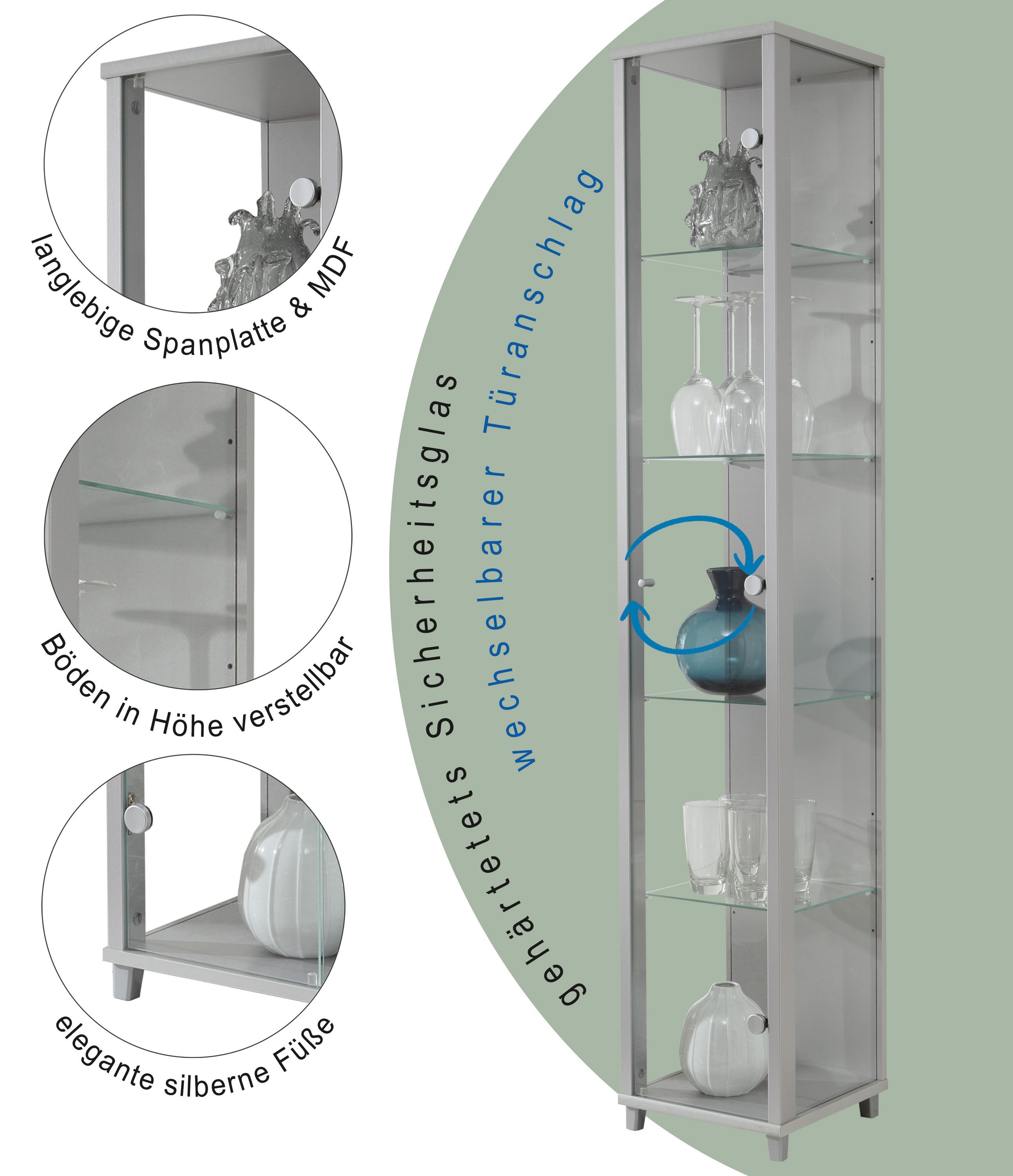 fif möbel Vitrinekast OPTIMA hoogte ca. 172 cm Staande vitrine/Glasvitrine 1x Glazen deur, perfect voor verzamelaars, verzamelvitrine