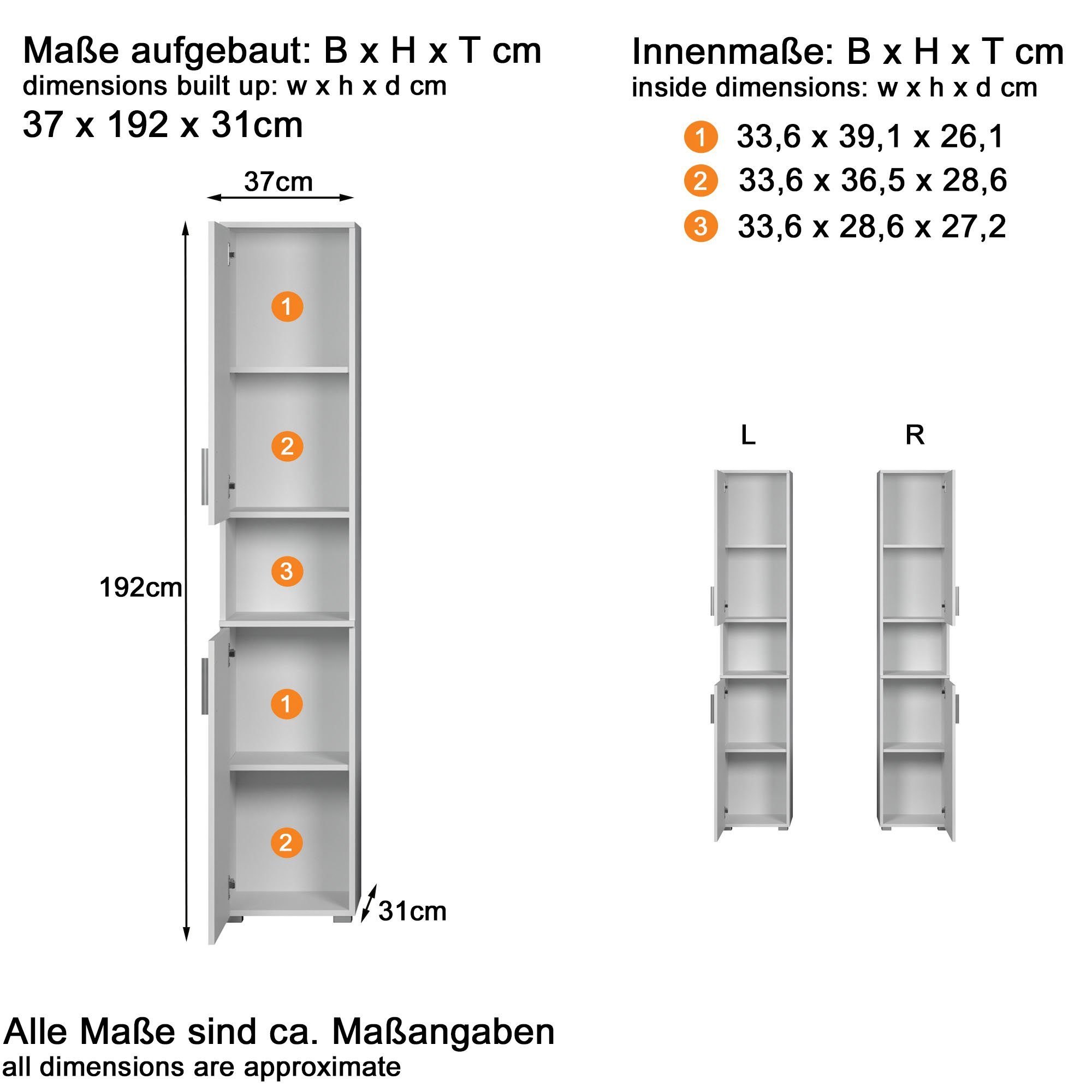 welltime Hoge kast Praag Badmeubels met verwisselbare deurdranger - (B/D/H) 37/31/192 cm (1 stuk)