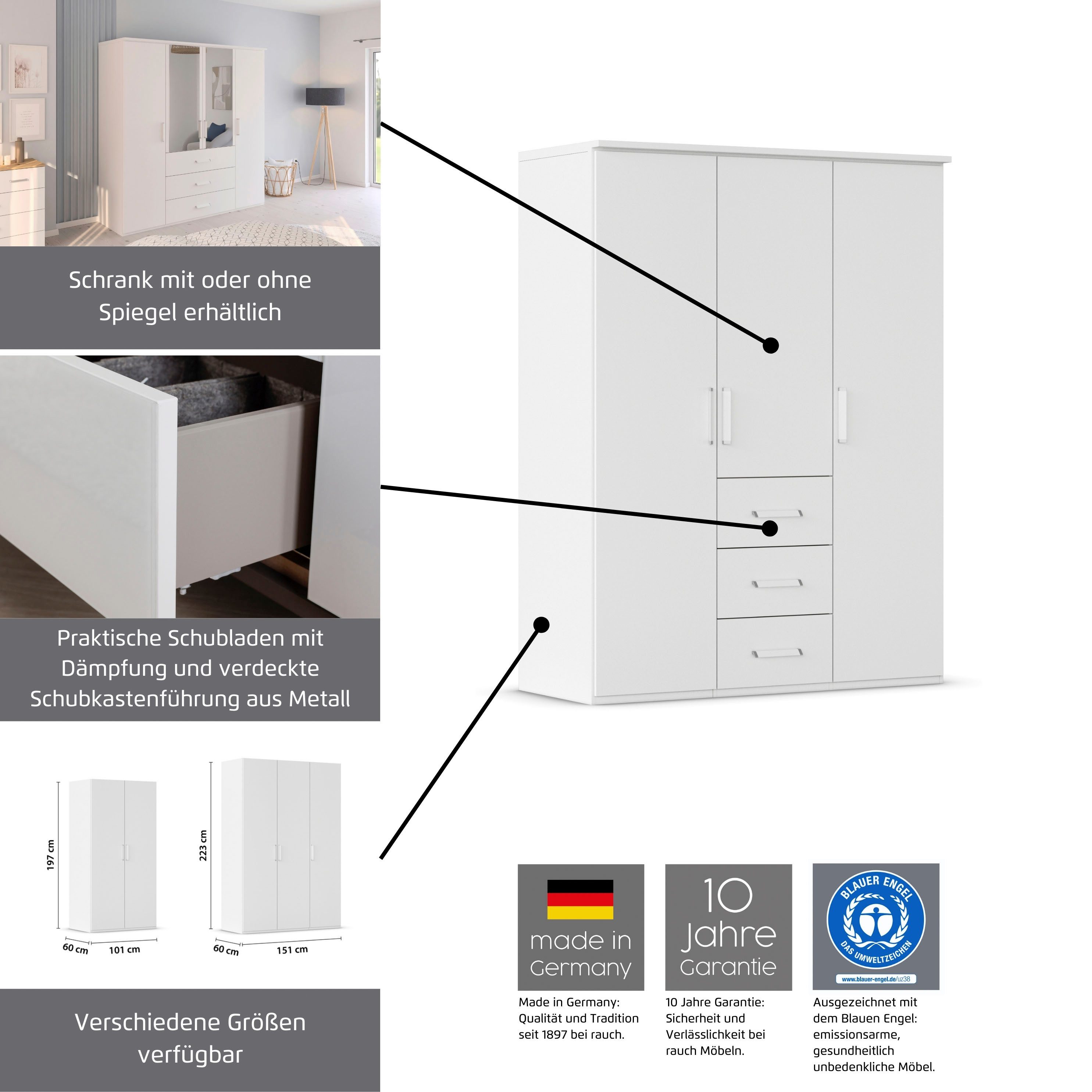 rauch Draaideurkast Kledingkast Kast Garderobe Slaapkamerkast EVELYN in elegante stijl, veel opbergruimte 4 breedtes en 2 hoogtes made in germany