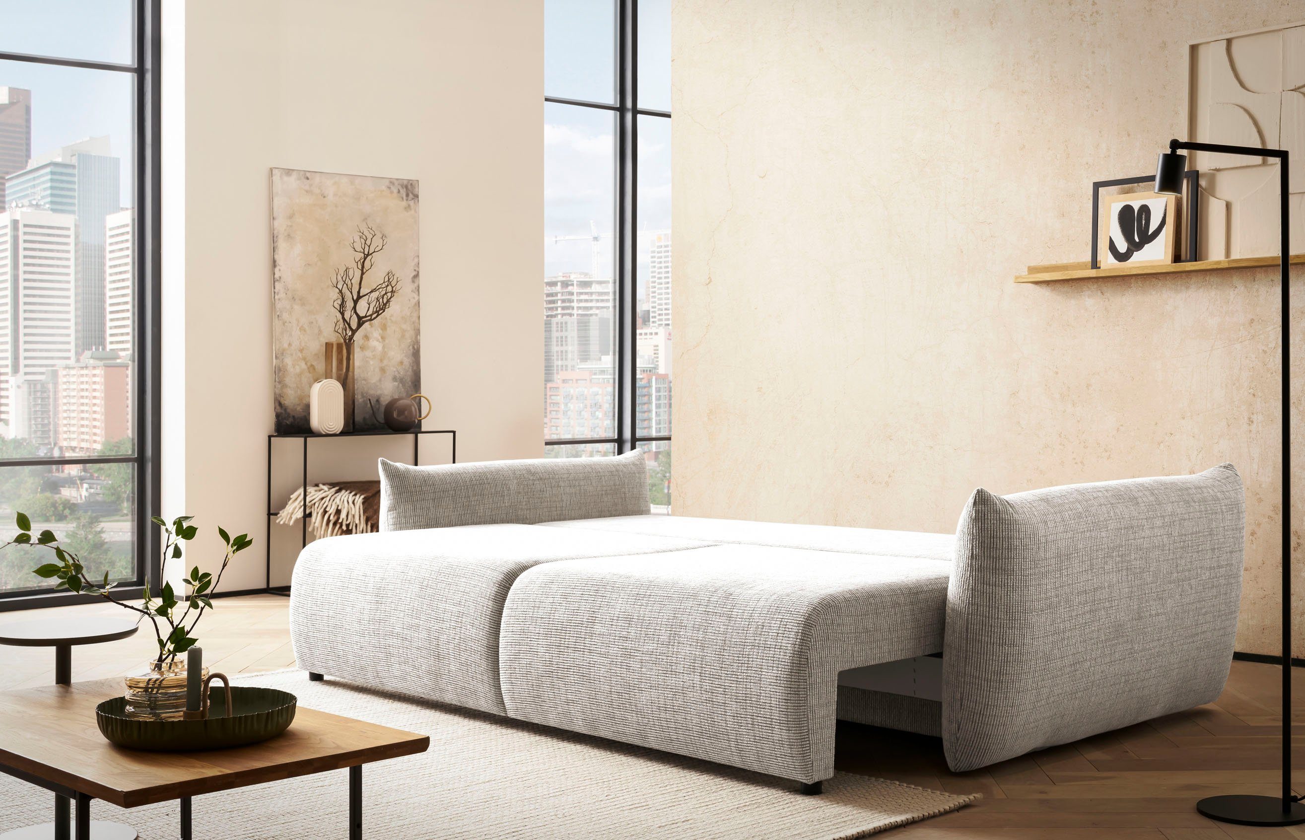 INOSIGN 3-zitsbank MAVAS slaapbank met bedlade ca. 240/108 cm (ligoppervlak 212/145 cm), ribfluweel, chenille, structuur