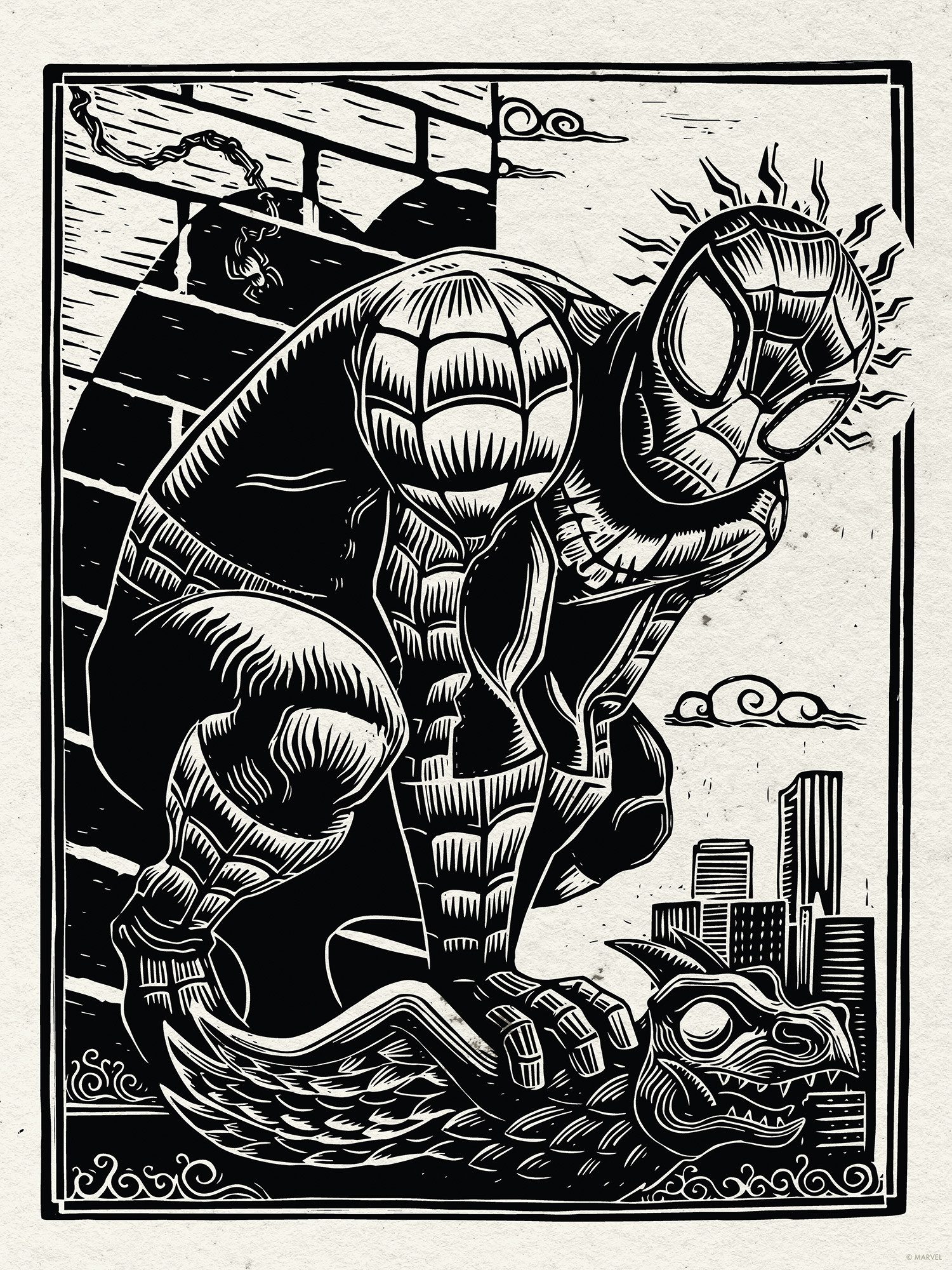 Komar Artprint Marvel Spider-Man Lino-Cut 300 x 280 cm (breedte x hoogte) - behang, vlies, woonkamer, slaapkamer (1 stuk)