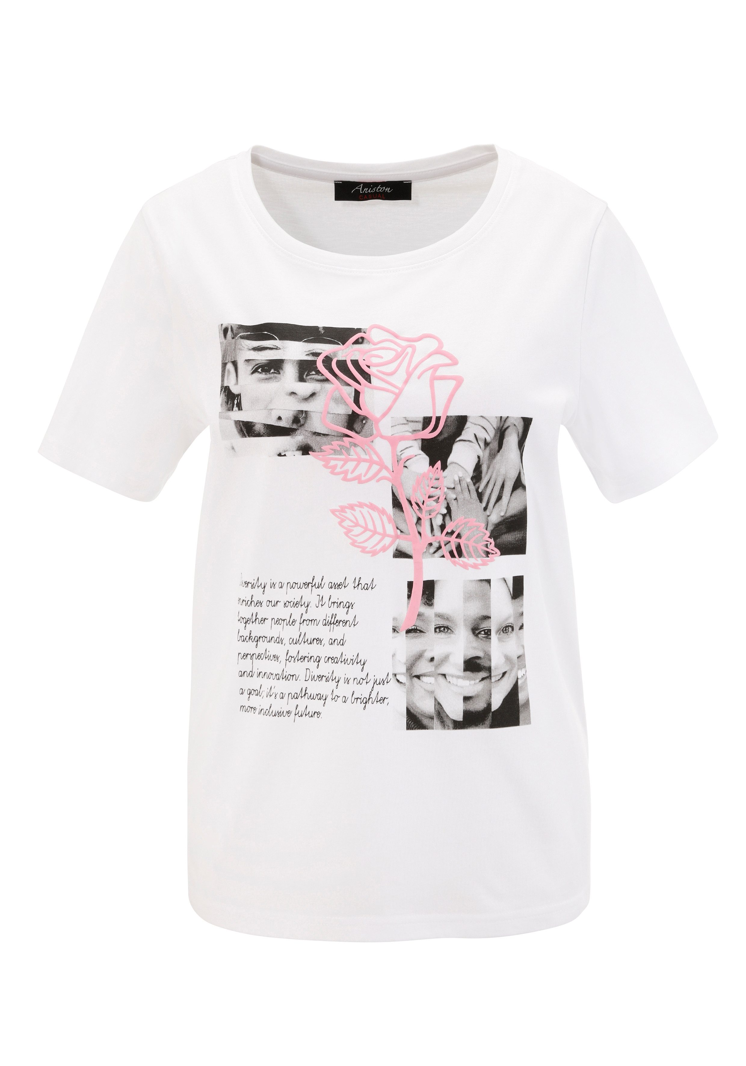 Aniston CASUAL T-shirt met rozenversierde diversity-voorprint