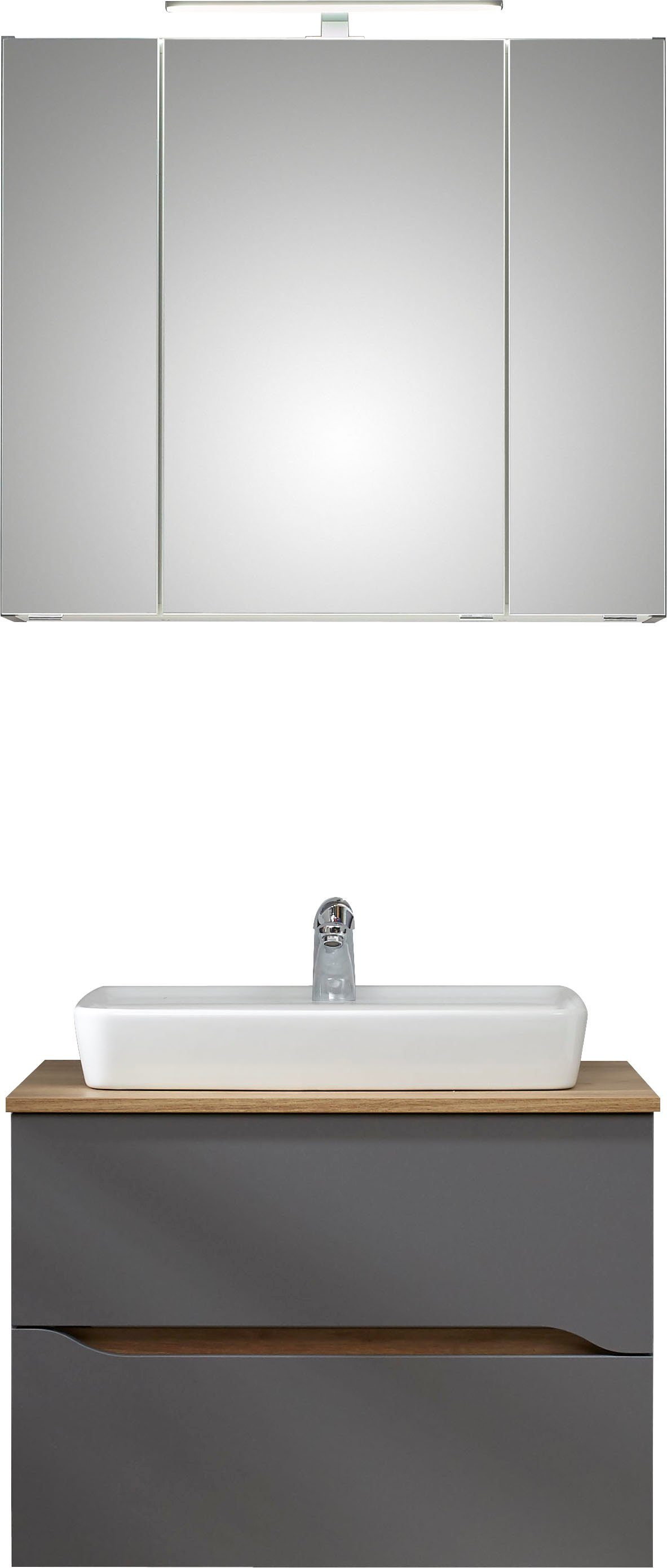 Saphir Badkamerserie Quickset 2-delig, keramieken opzetwasbak met led-spiegelkast (2-delig)