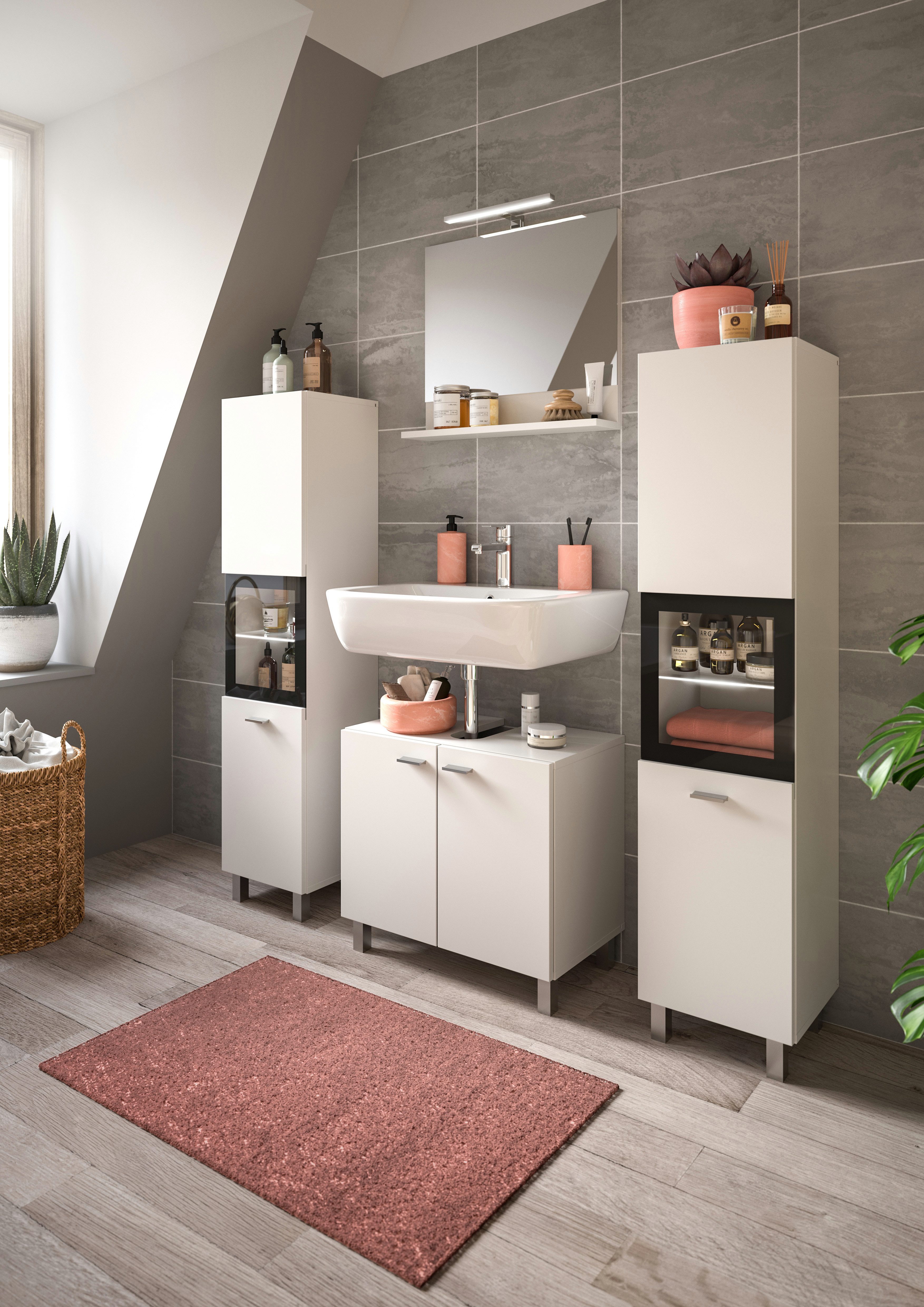 welltime Badmeubelset Tampa, breedte 137cm, 4-delig Wastafelonderkast, spiegel, hoge kast (4 stuks)