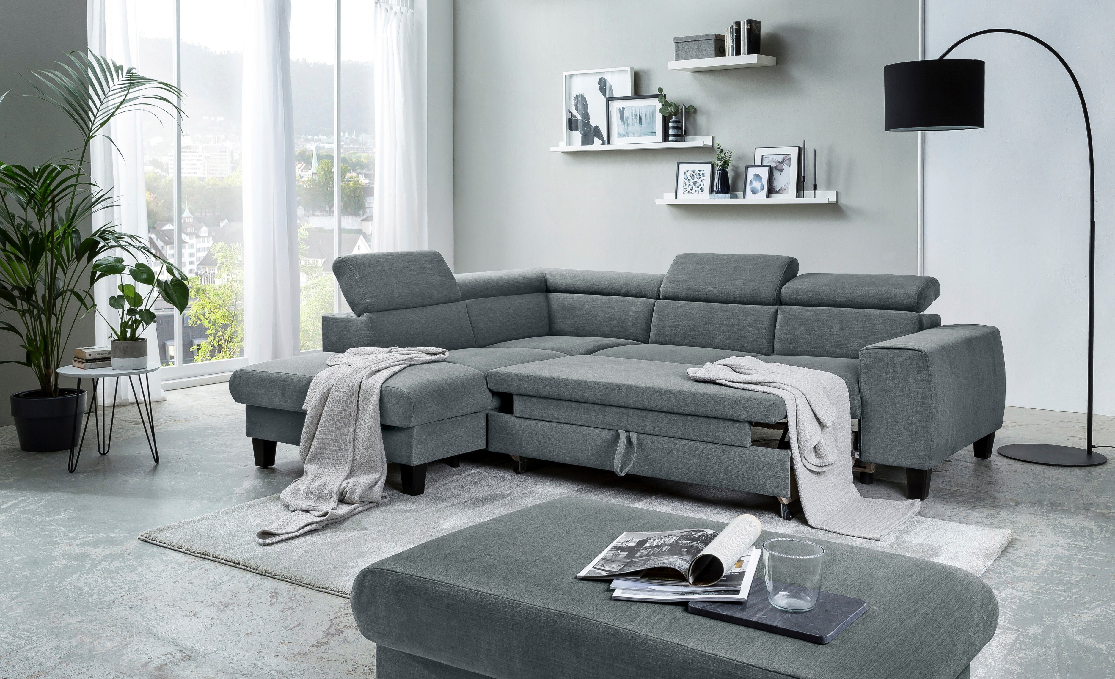 COTTA Hoekbank Morven L-vorm met hoofdeindeverstelling keuze met bedfunctie, bedlade & draadloze oplader