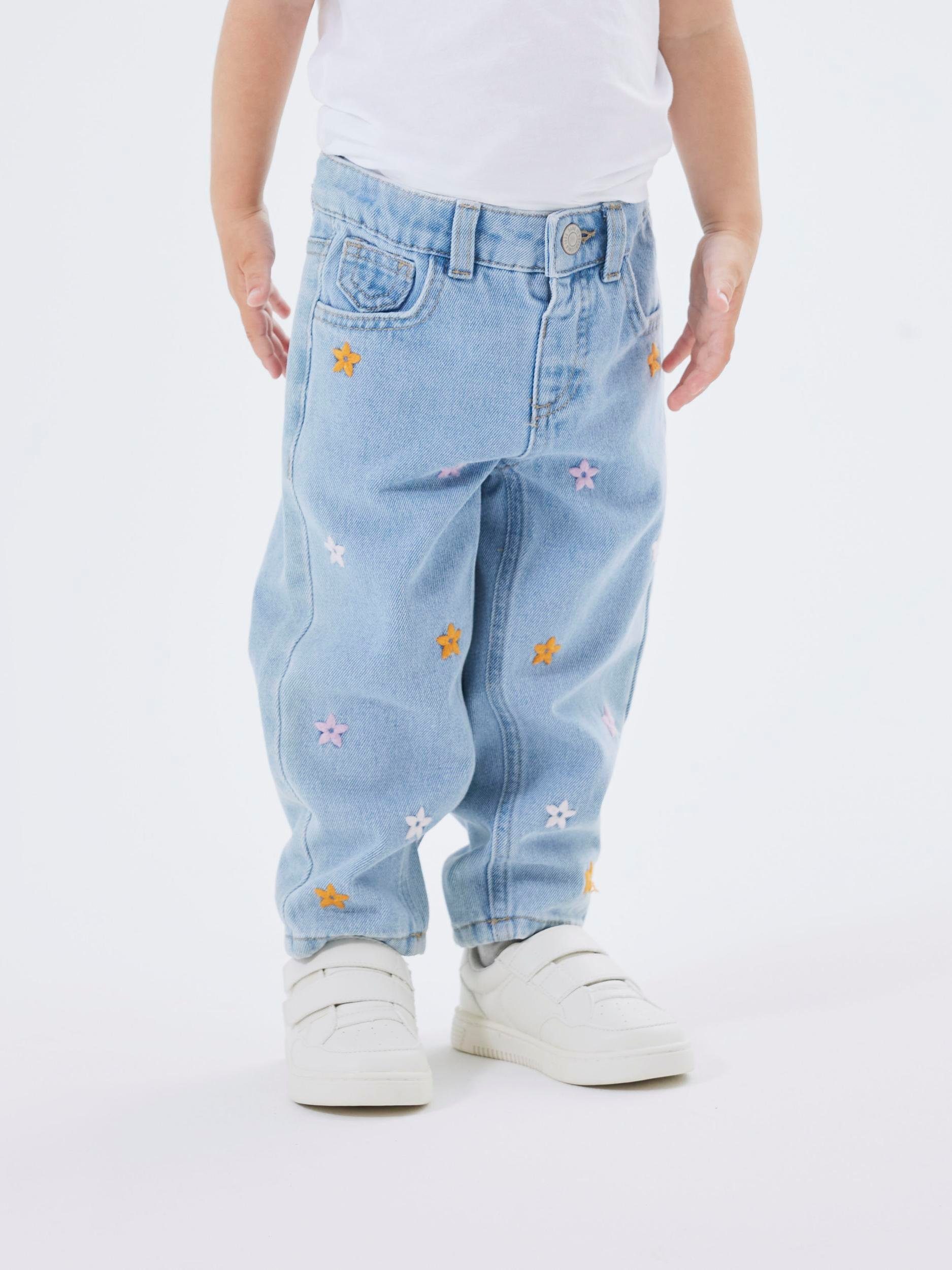 Name it MINI gebloemde mom jeans NMFBELLA light blue denim Blauw Meisjes Katoen 110