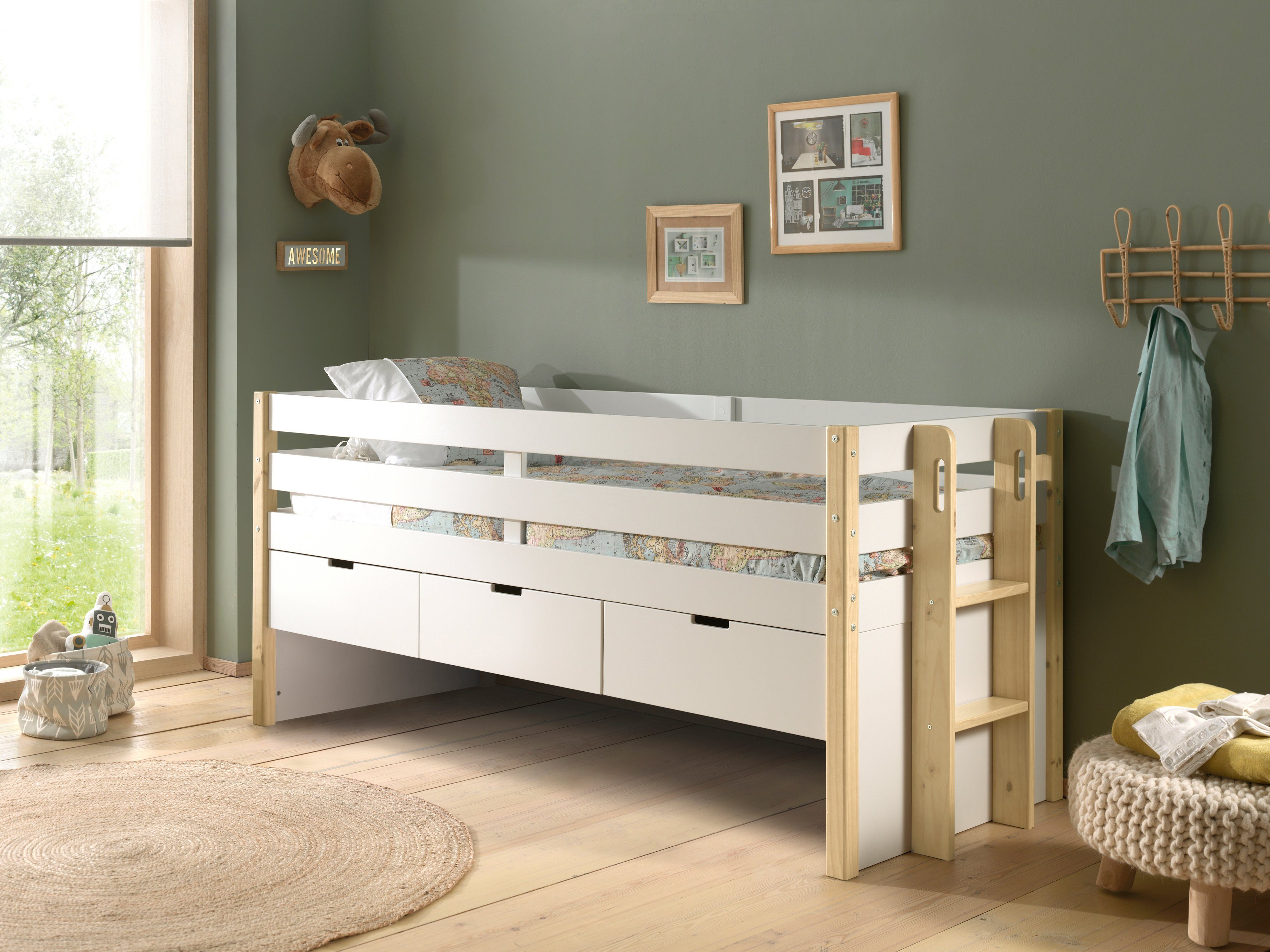 Vipack Hoogslaper Valbeveiliging, ligoppervlak 90x200 cm, lattenrol, uitvoering wit/naturel