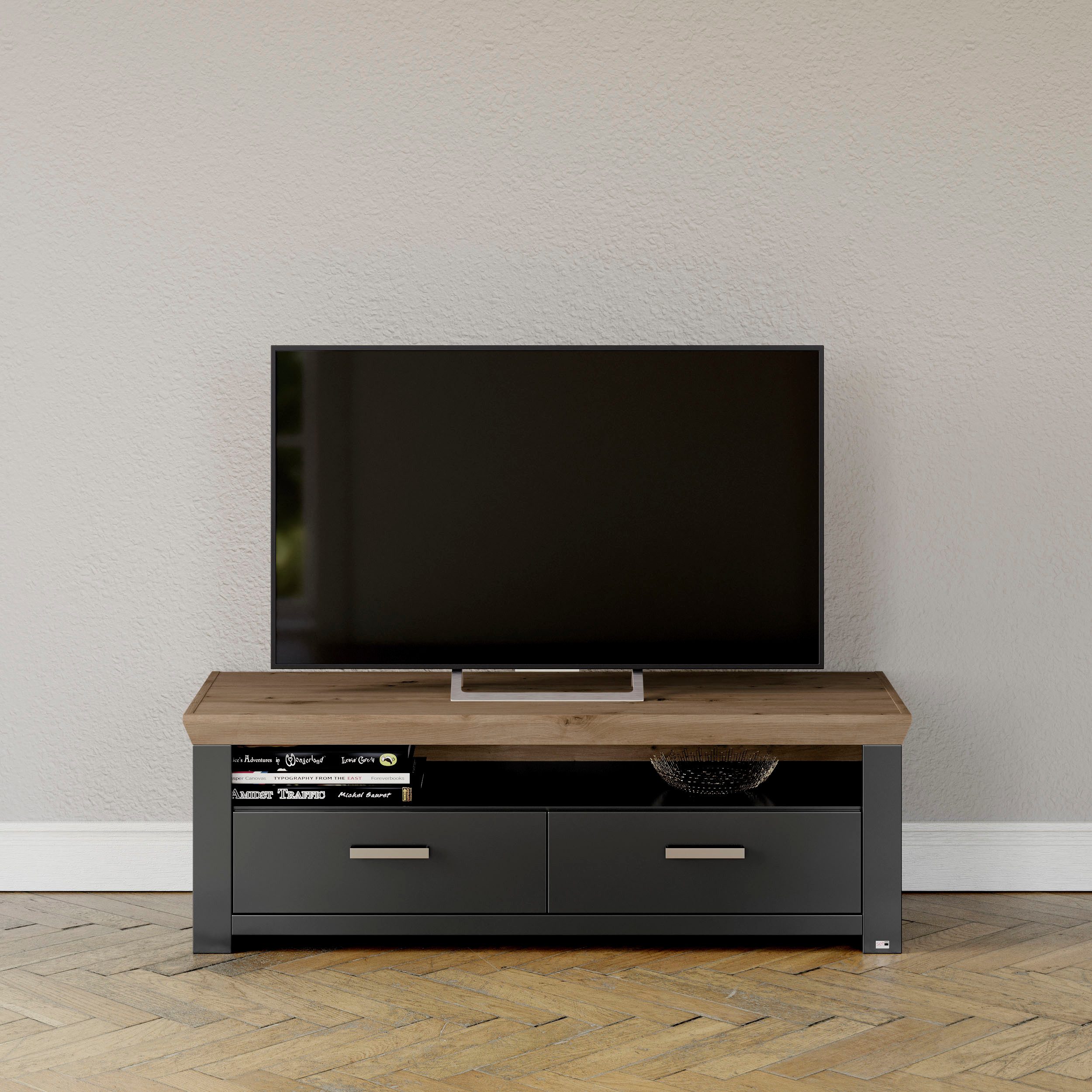 set one by Musterring Tv-meubel York Type 31, met 2 laden, verlichting optioneel, breedte 140 cm lowboards grijs