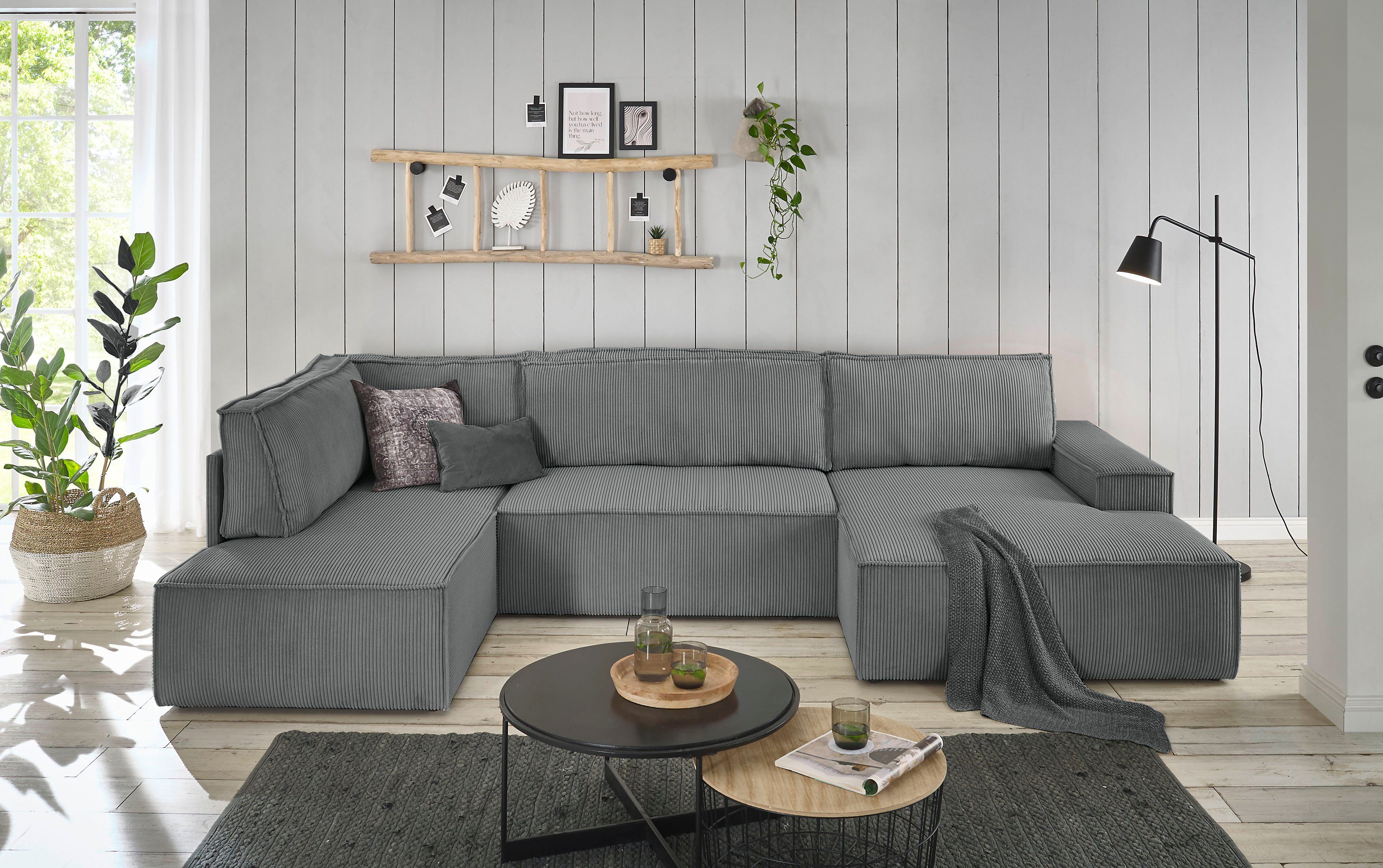 Home affaire Zithoek SHERWOOD 329 cm, U-vorm, slaapbank, Slaapfunctie met bedkist (194x139 cm), cord, vintage, fluweel
