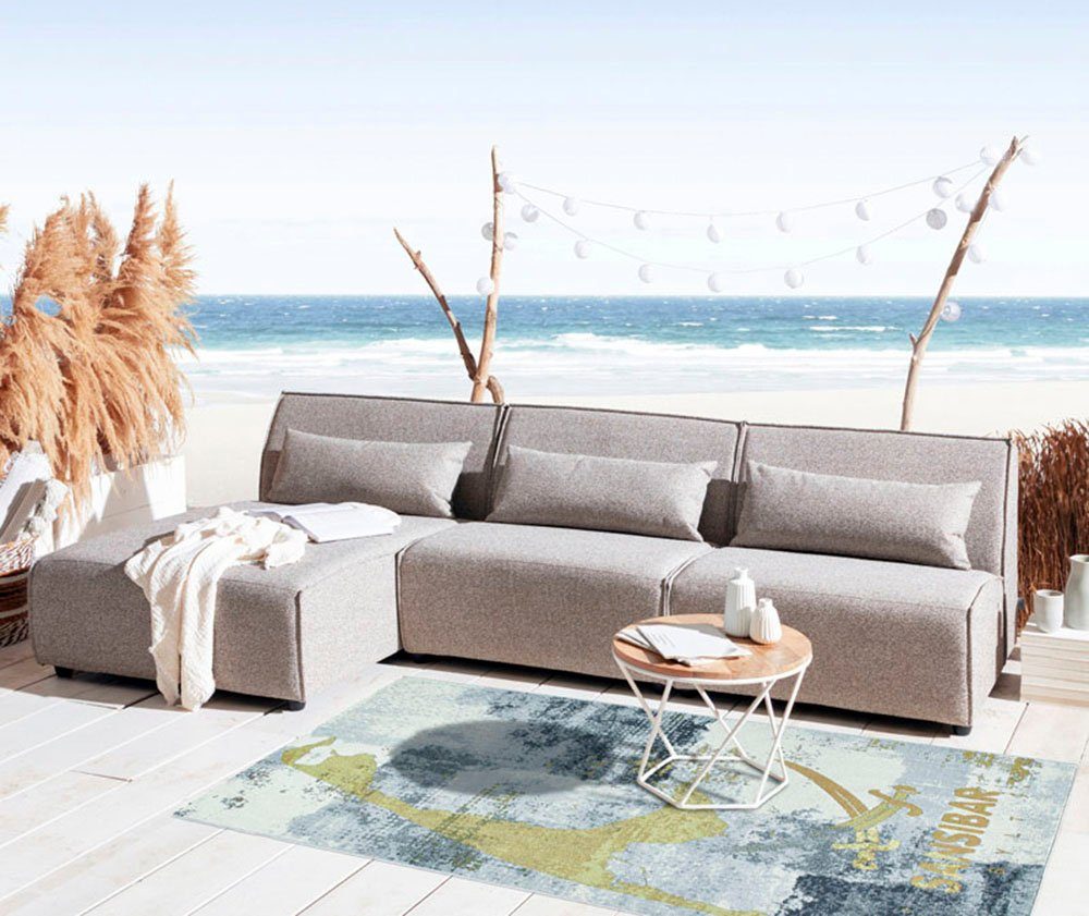 Sansibar Vloerkleed Rantum Beach SA-028 Vlakweefsel, modern ontwerp, motief Sylt, geschikt voor binnen en buiten
