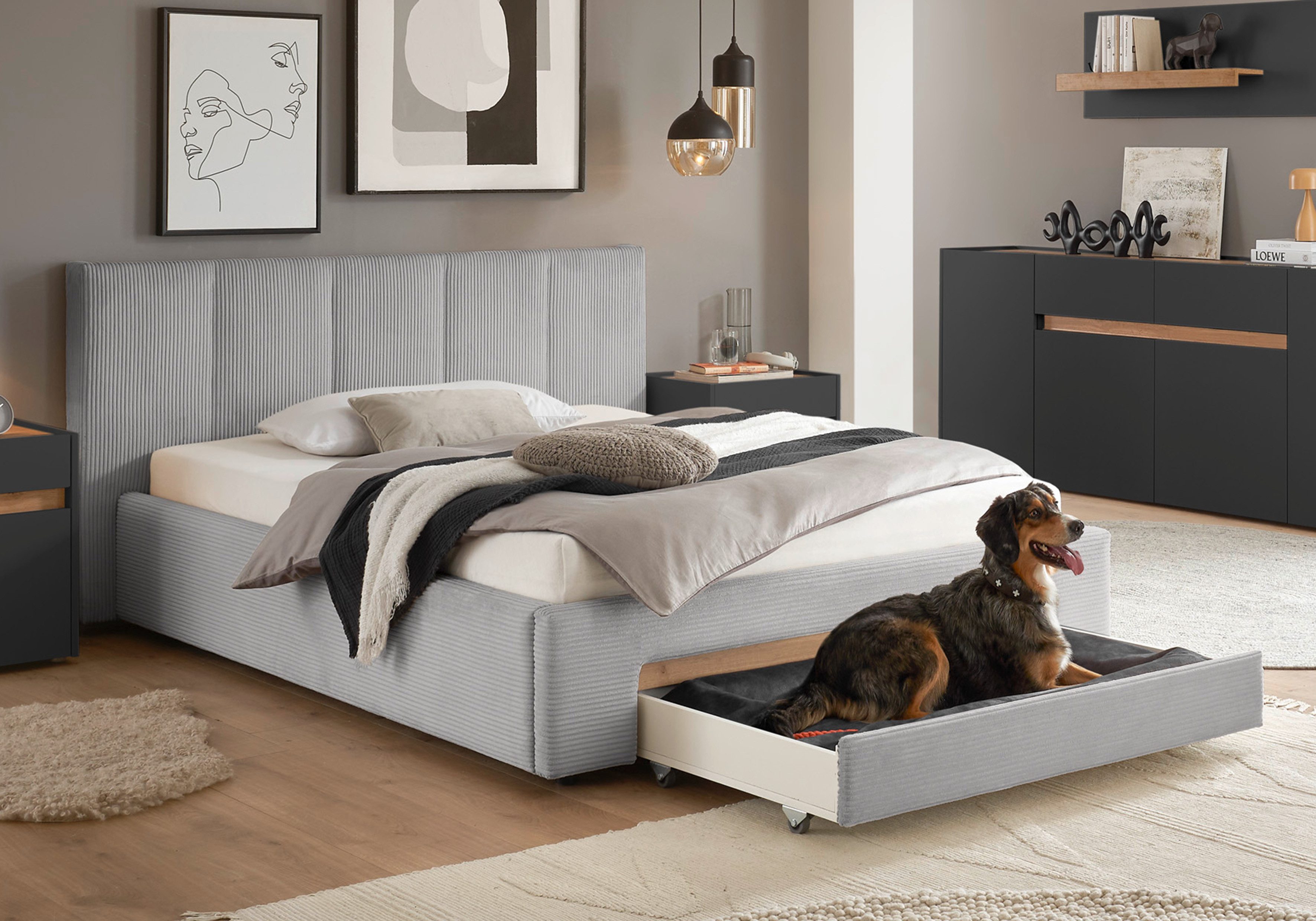 INOSIGN Gestoffeerd bed CiTY/GiRON, bedframe met bedlade, gestoffeerd opbergbed met hondenbed of opberglade, bekleding van corduroy of linnenlook
