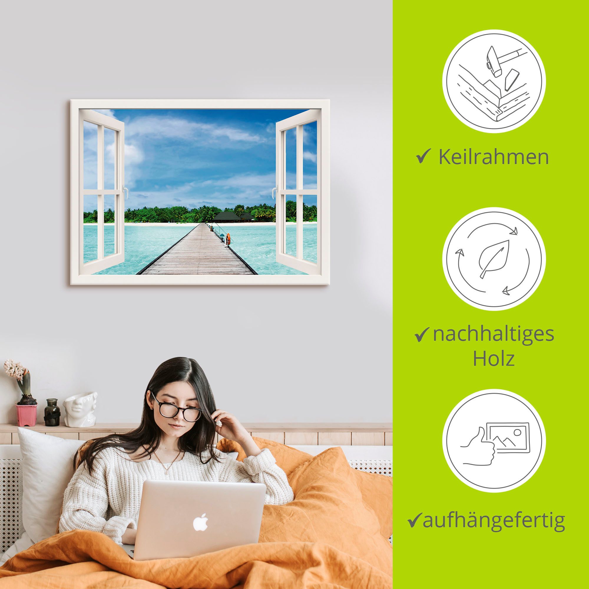 Artland Artprint Blik uit het venster Maldivisch paradijs als artprint op linnen, poster, muursticker in verschillende maten