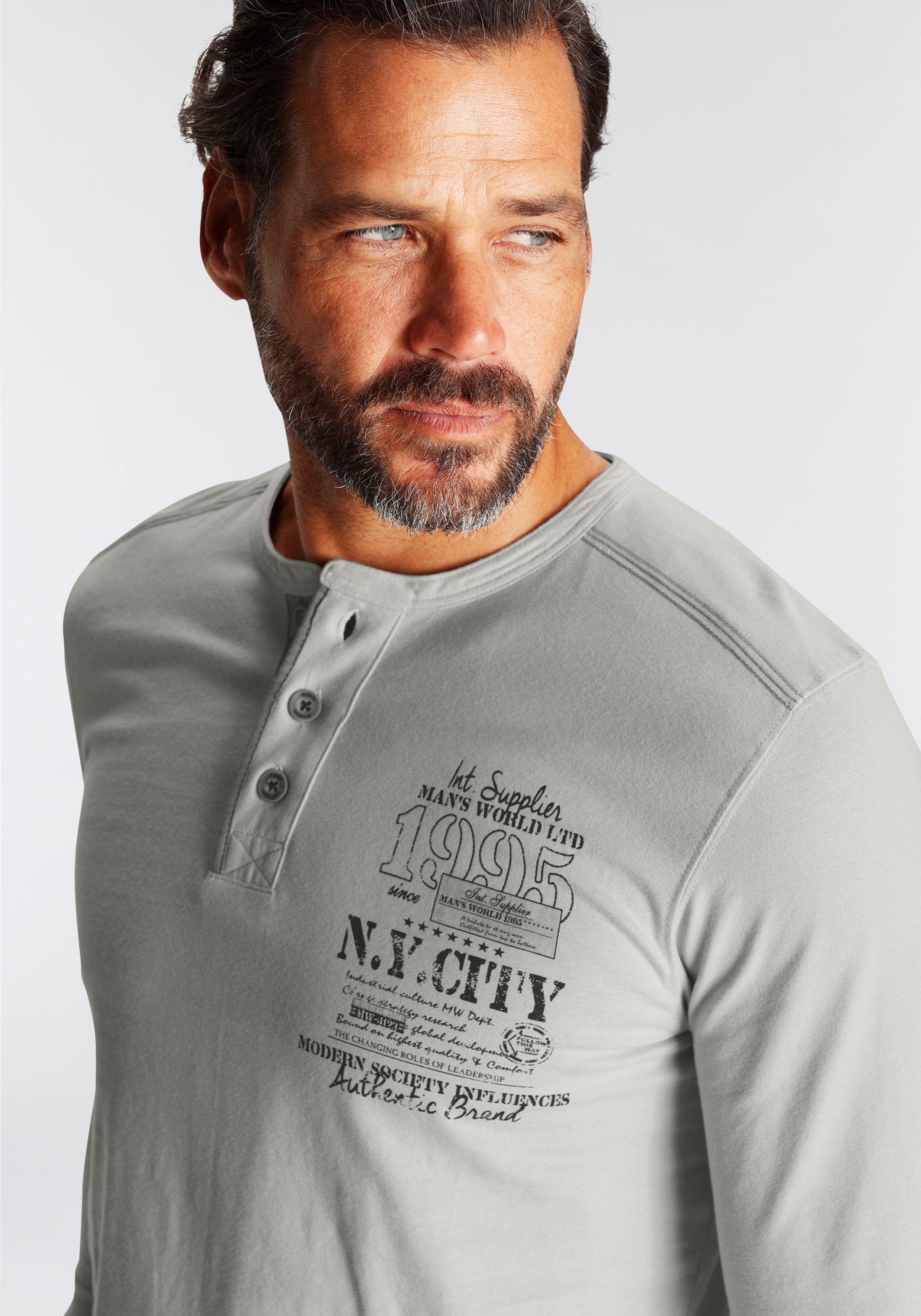 Man's World Henleyshirt Langarm, met casual print, ronde hals met knopenrij