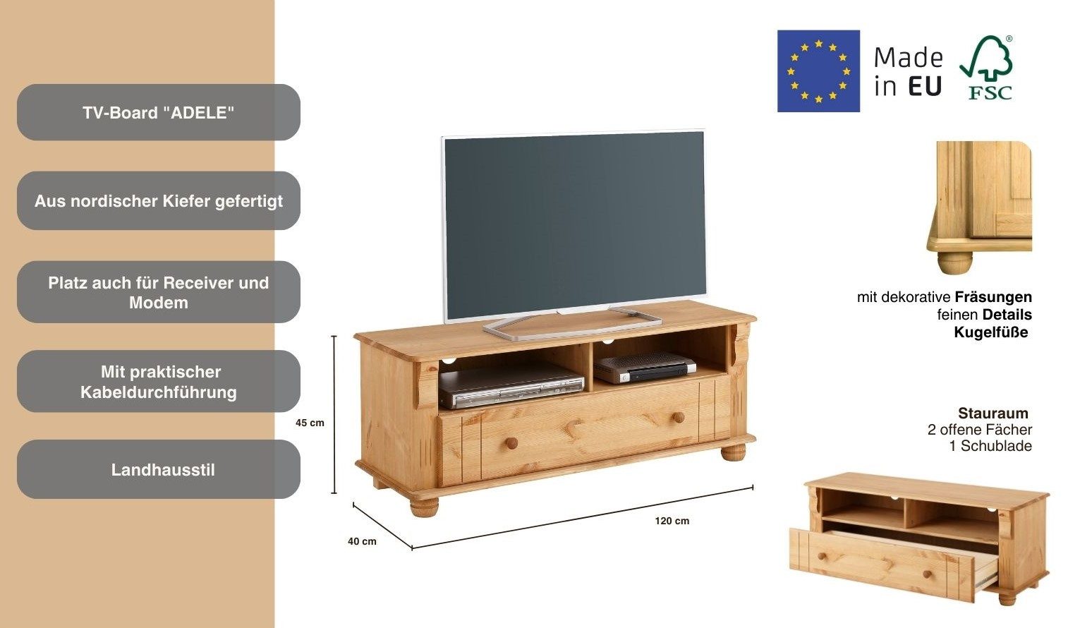 Home affaire Tv-meubel ADELE Breedte 120 cm, met lade, van massief grenen, FSC®