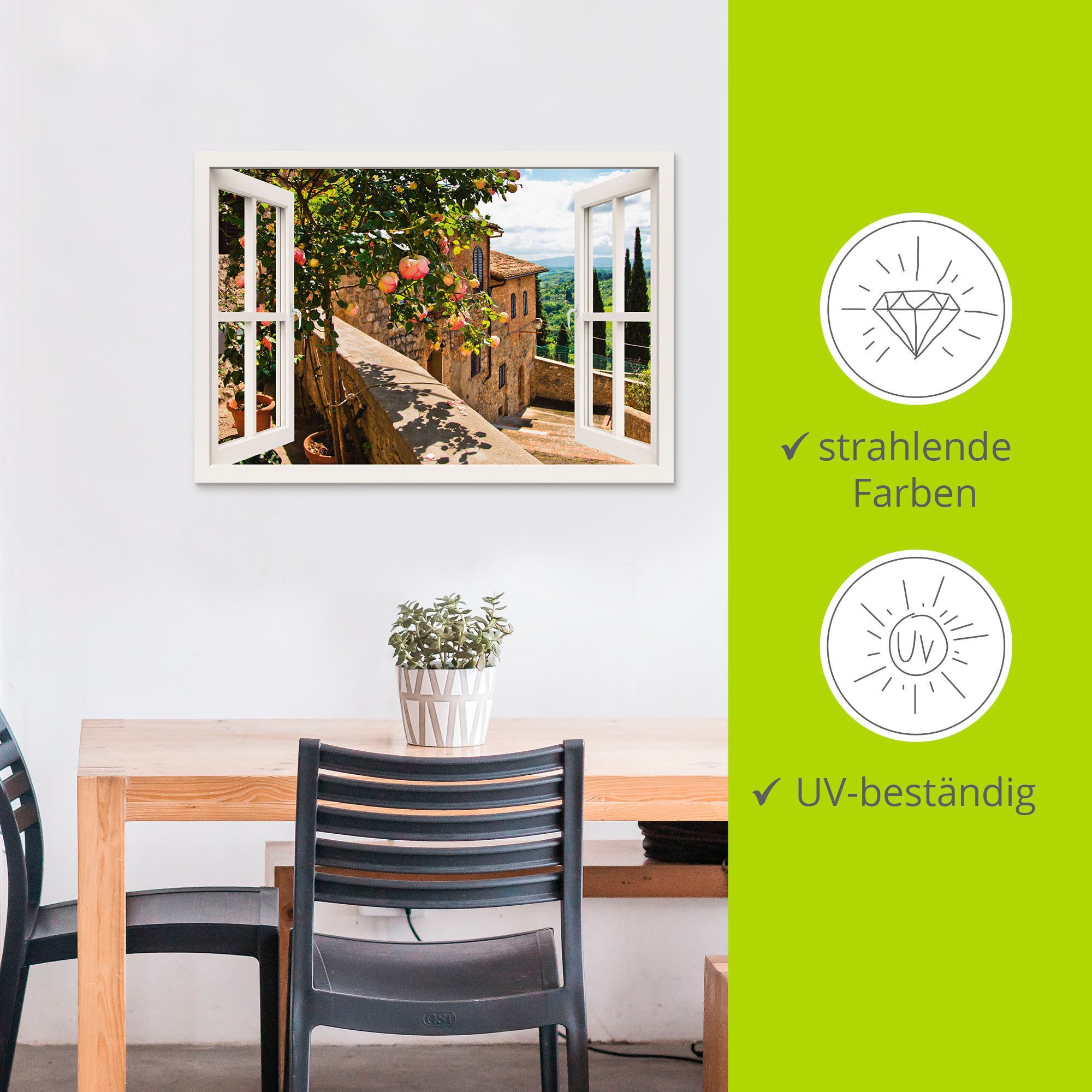 Artland Artprint Blik uit het venster rozen op balkon Toscane als artprint van aluminium, artprint voor buiten, artprint op linnen, poster, muursticker