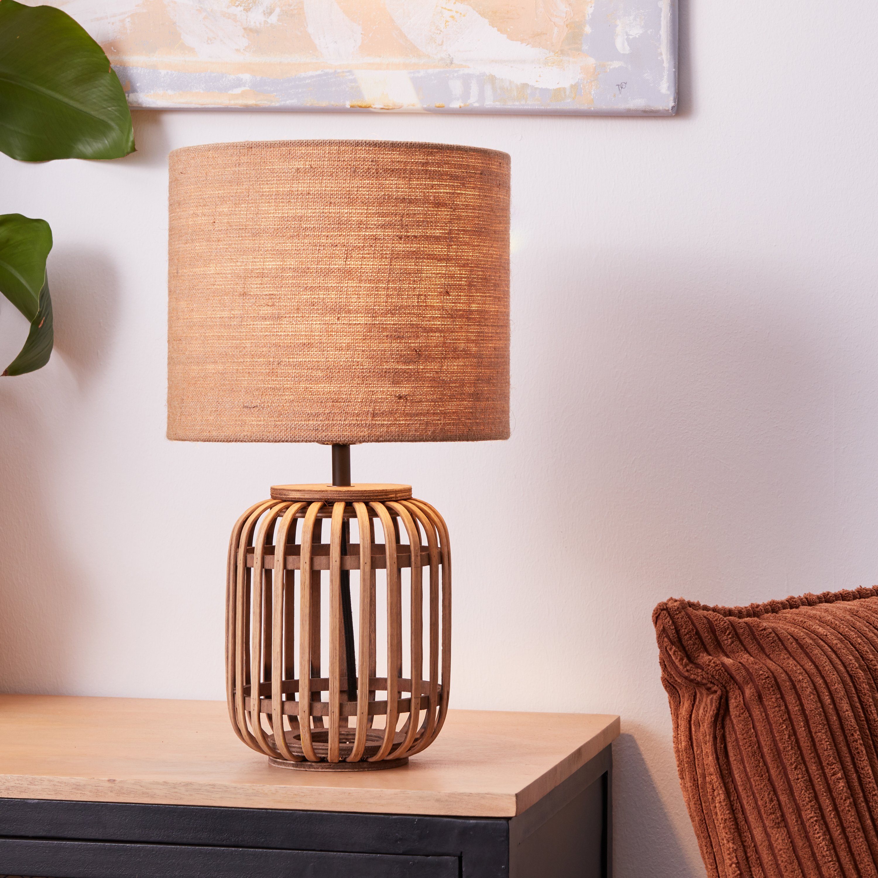 Brilliant Leuchten Tafellamp Woodrow Nature stijl, 42,5 cm hoogte, Ø 24 cm, E27, bamboe/textiel/metaal, bruin