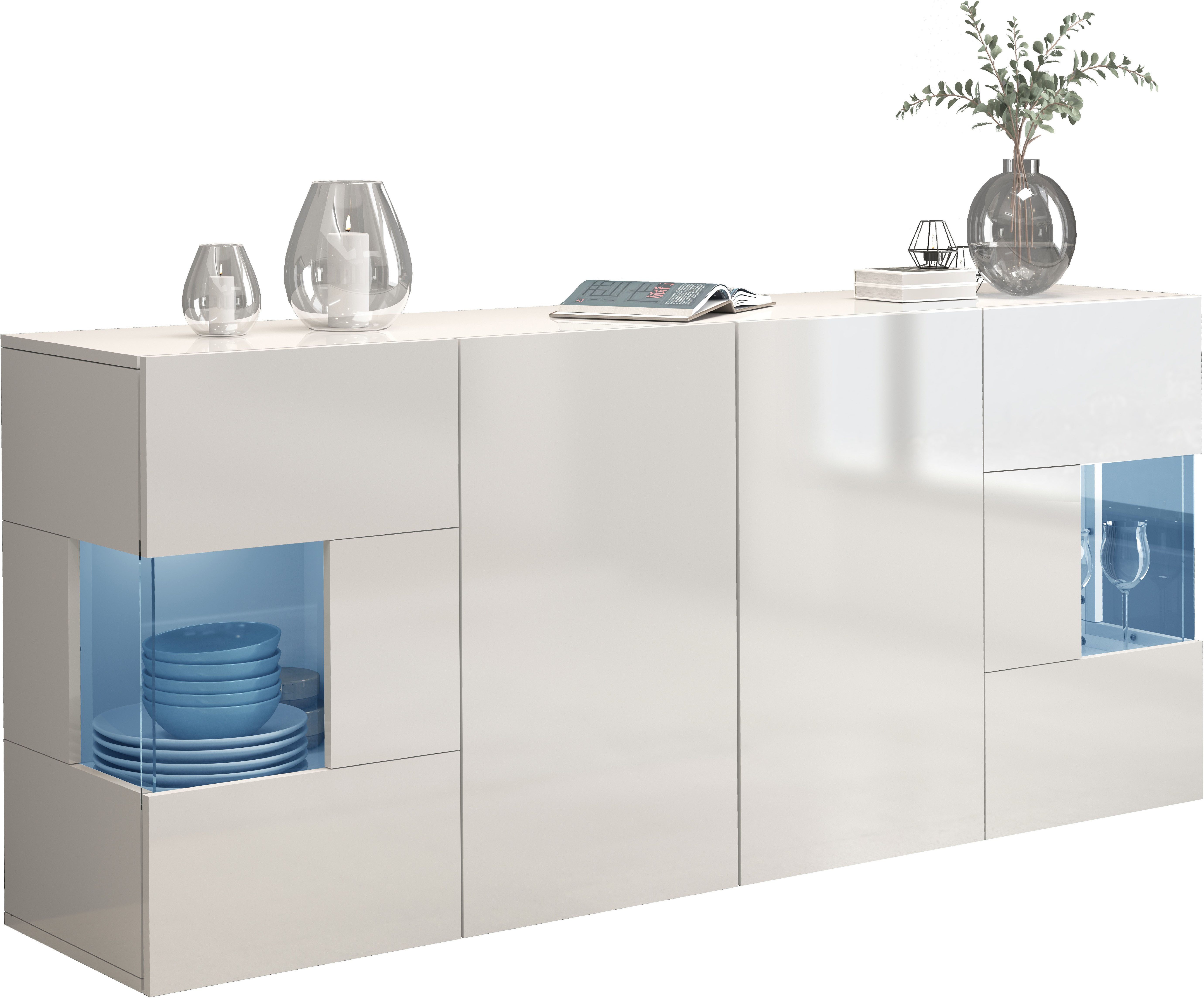INOSIGN Dressoir Egypte, Ladekast, Kast, Buffet, Vitrine greeploos 4 deuren waarvan 2 met glas inzet, compleet hoogglans gelakt, breedte 180