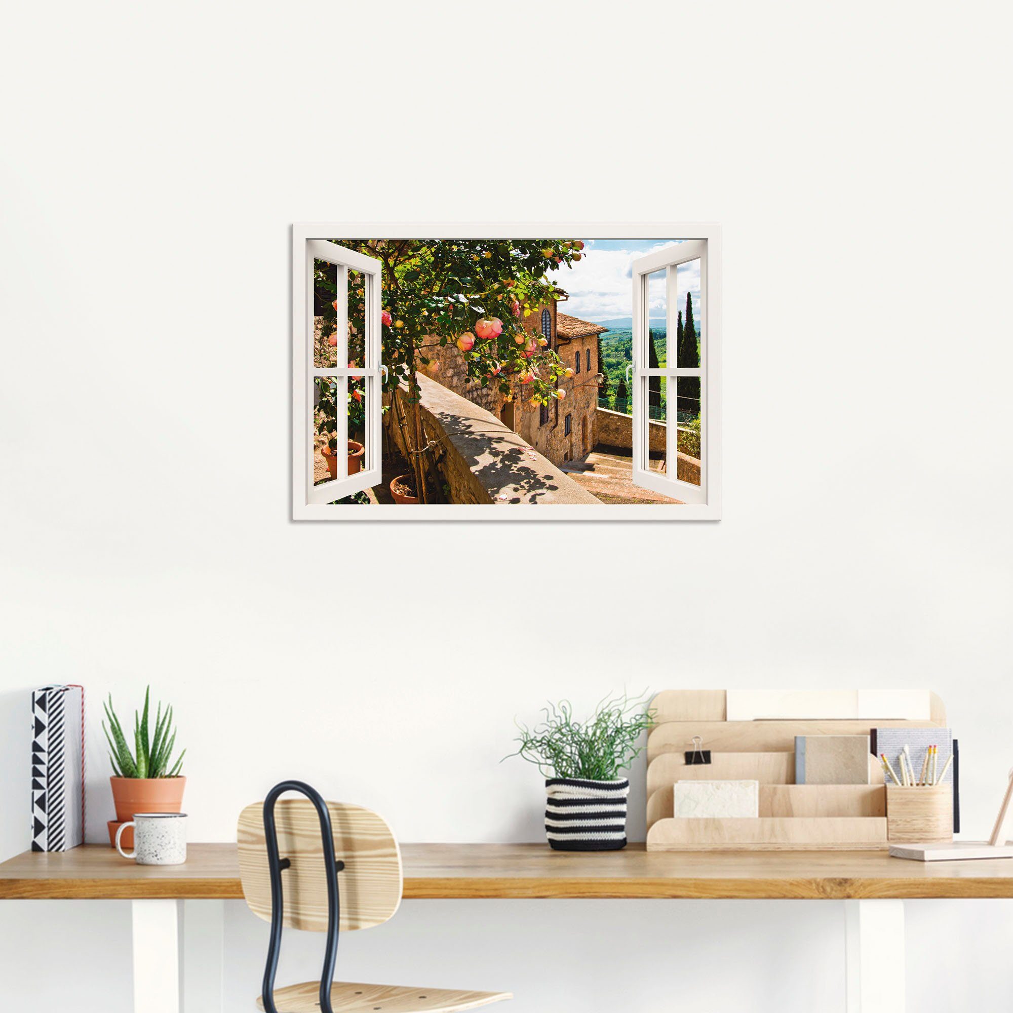 Artland Artprint Blik uit het venster rozen op balkon Toscane als artprint van aluminium, artprint voor buiten, artprint op linnen, poster, muursticker