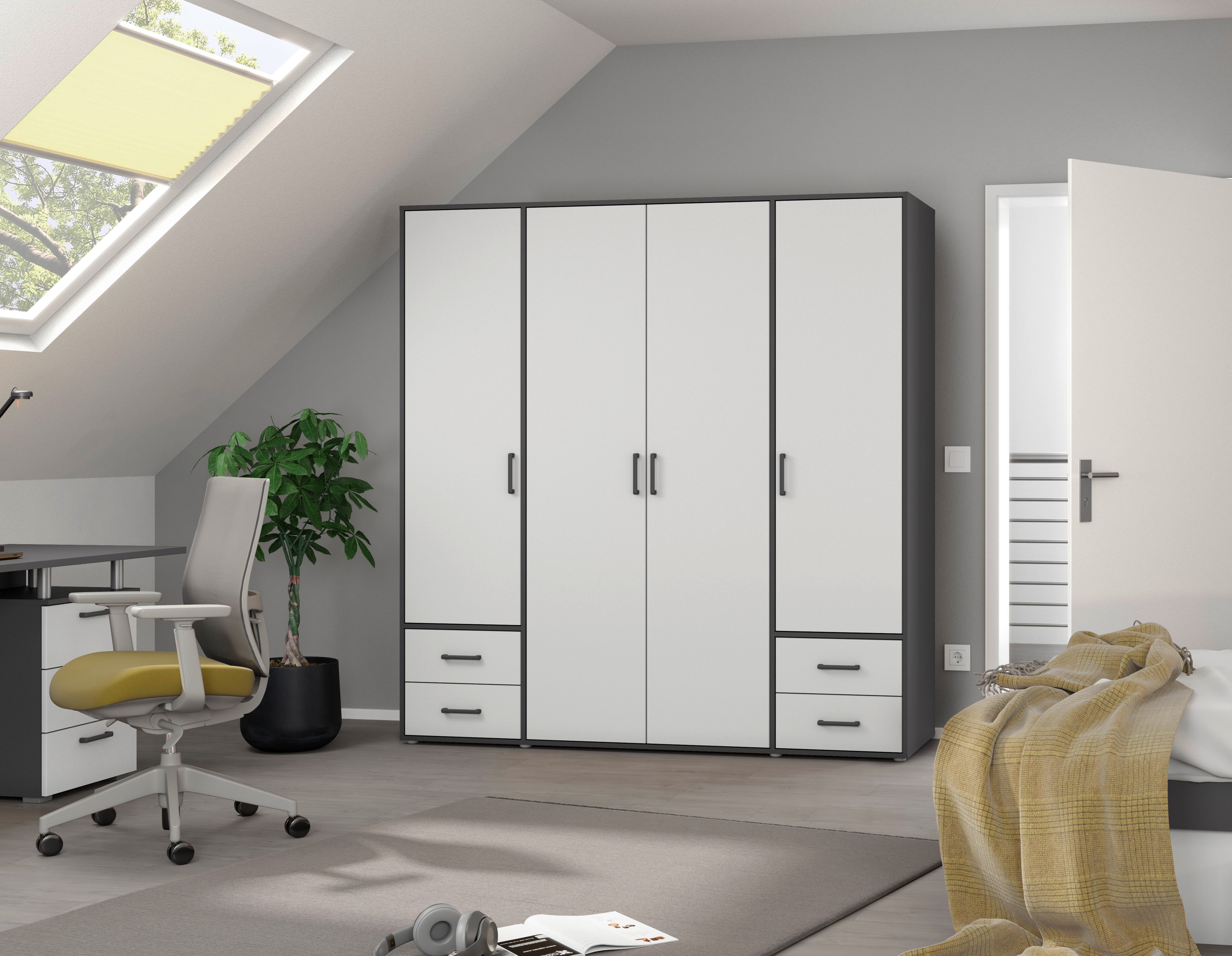 rauch Draaideurkast Kledingkast kast garderobe linnenkast VOYAGER moderne grepen in grijs metallic met buitenlades made in germany