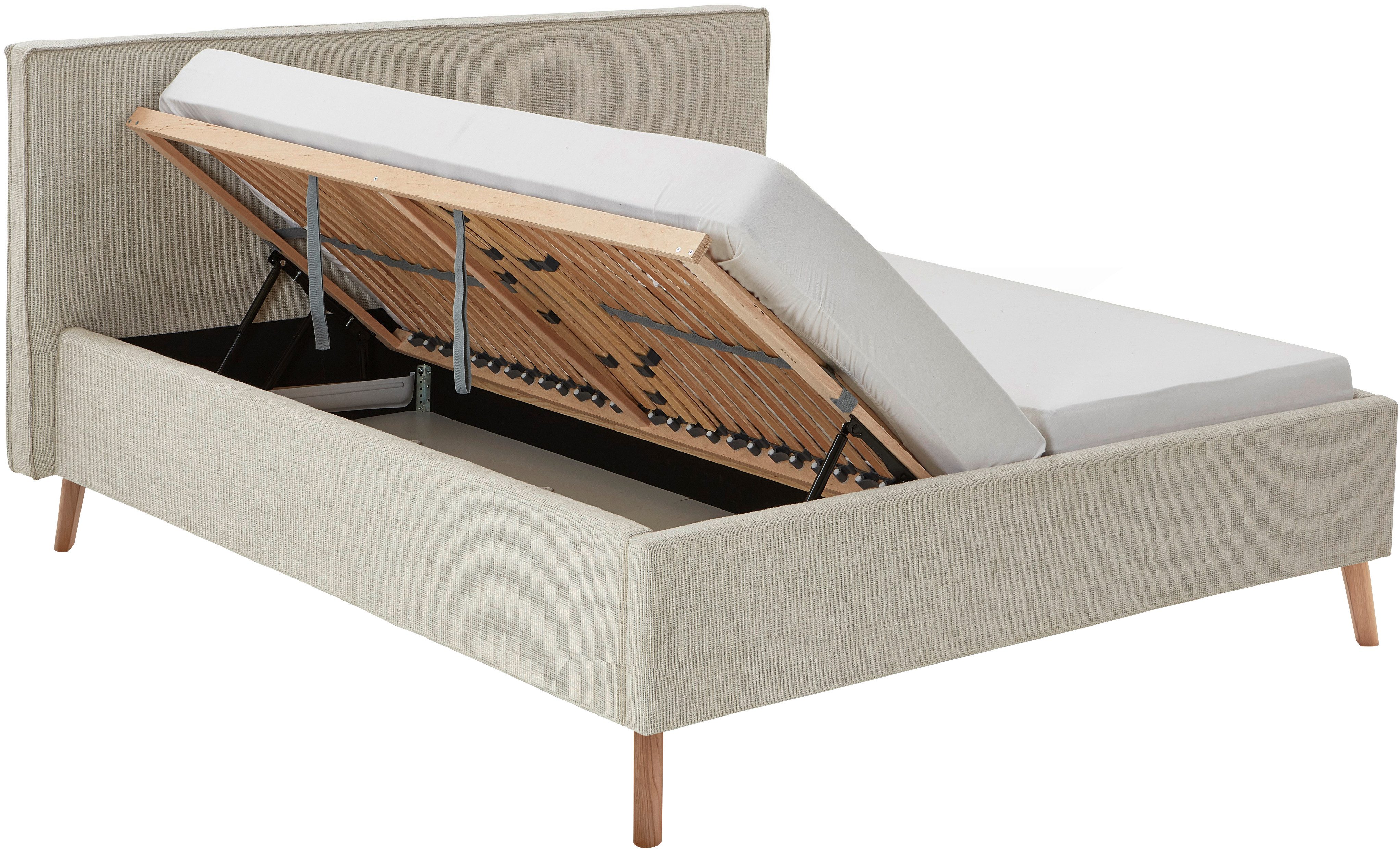 meise.möbel Gestoffeerd bed Riva met eikenkleurige houten poten, naar keuze met bedkist en lattenbodem