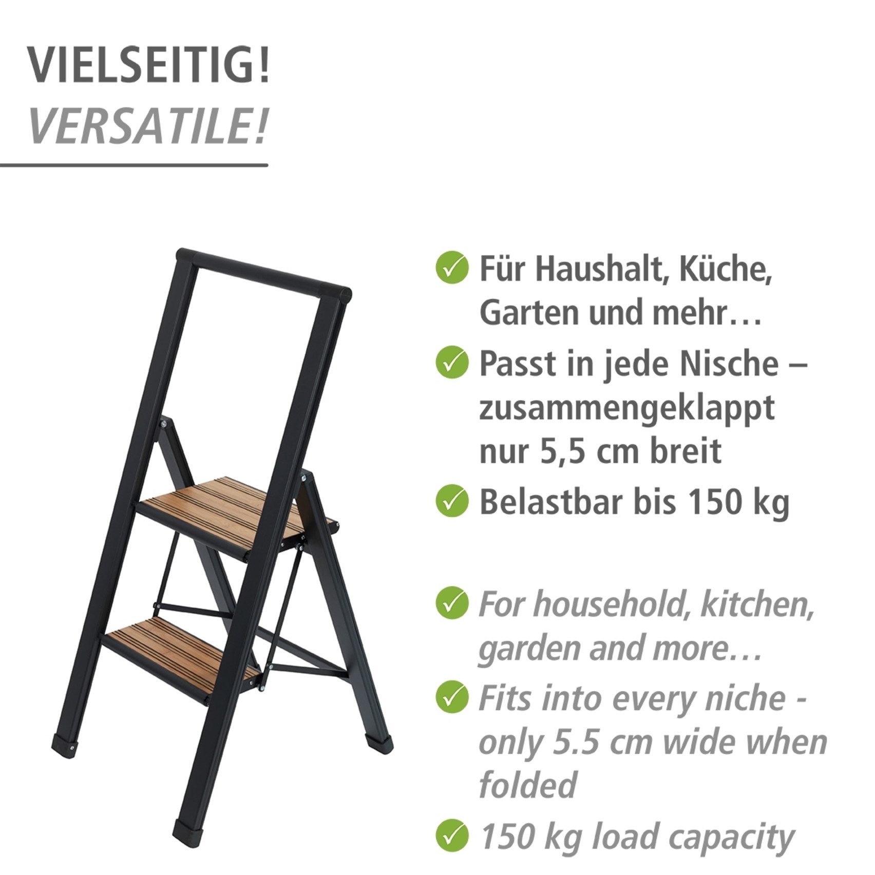WENKO Huishoudtrapje Model Alu-Design Aluminium-design, XXL-treden, robuust aluminium in combinatie met bamboe