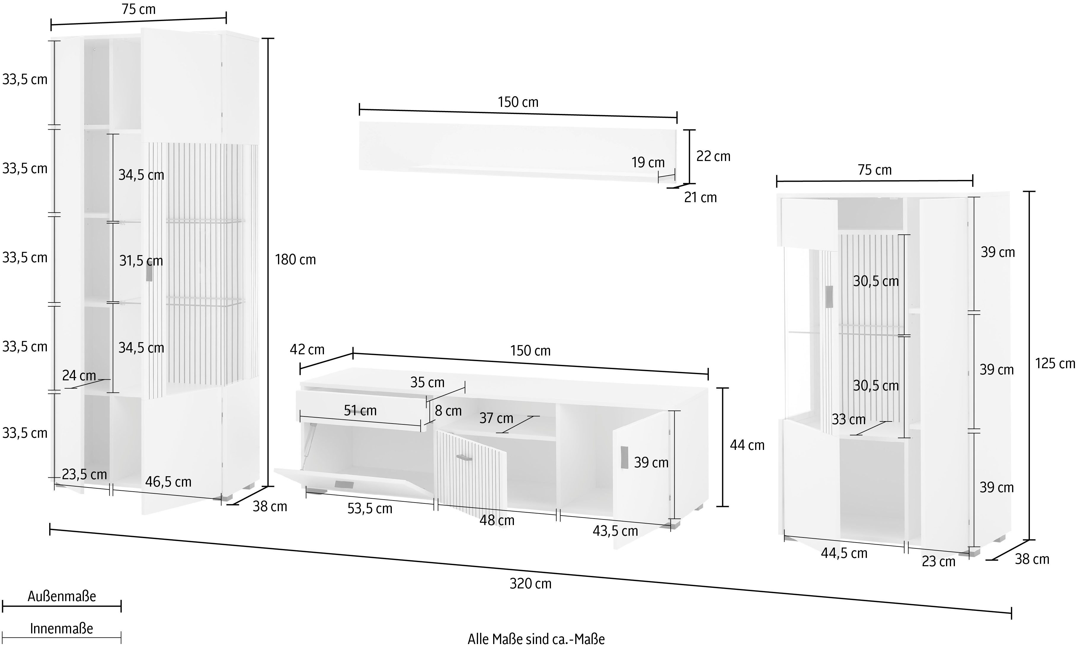 INOSIGN Wandmeubel Hudson met moderne groevenlook, handgrepen van metaal (zwart), breedte 320 cm (set, 4-delig)