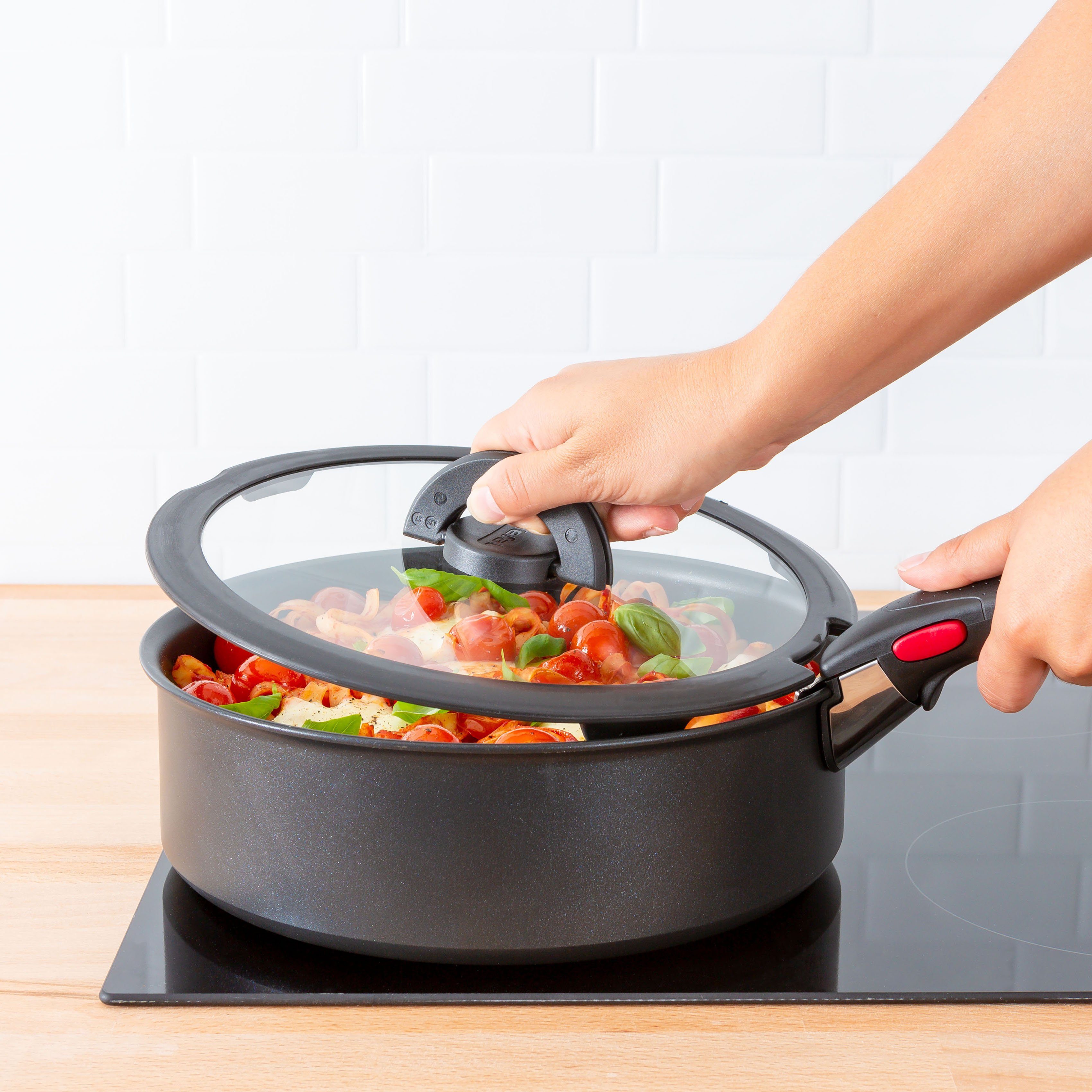 Tefal Deksel 98491 Ingenio 16/18/20 cm uitstekend voor ingenio-pannen, glazen deksel met siliconenrand, klapgrepen (set, 3-delig)