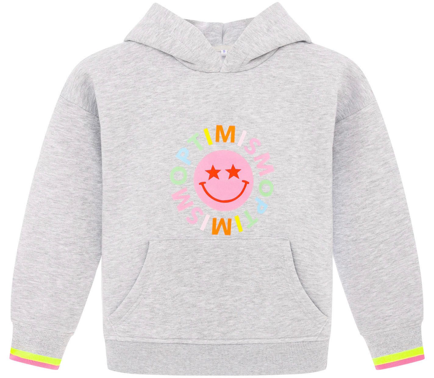 Zwillingsherz Hoodie OptimismKIDS met smiley, kleurrijke opdruk en details in neonkleur