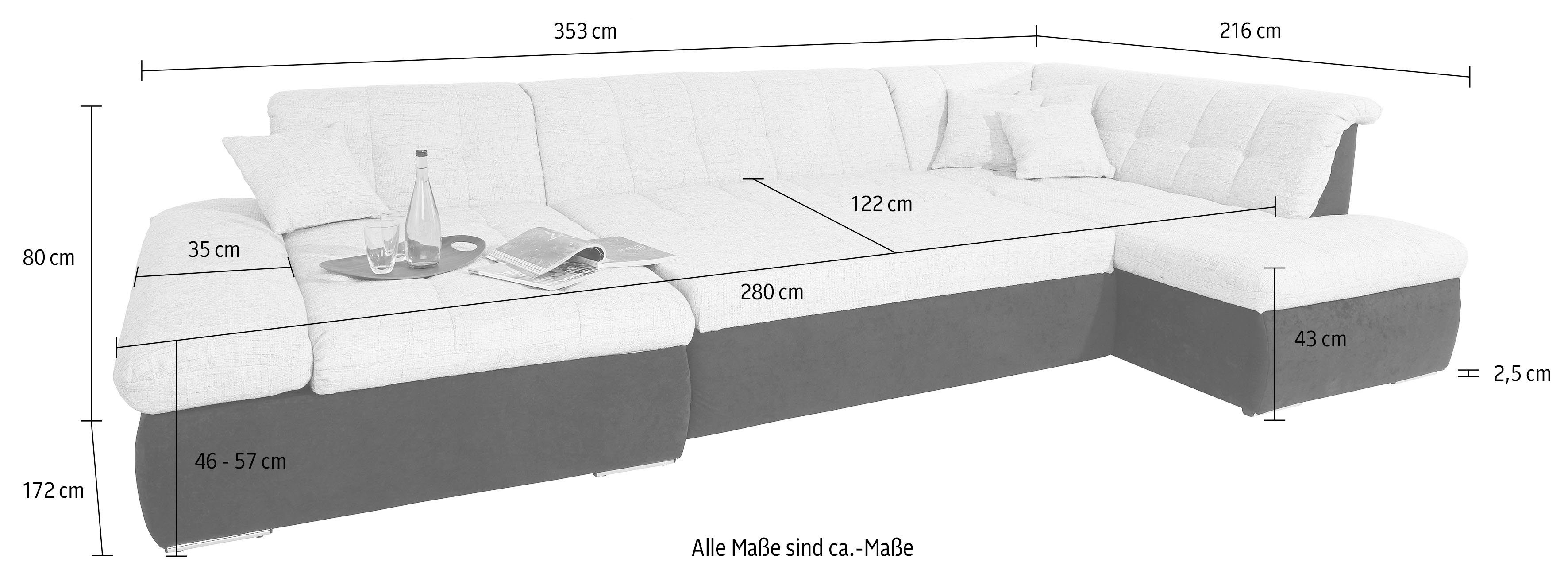 DOMO collection Zithoek PB Moric optioneel met slaapfunctie + armsteunverstelling, L-vorm XXL-formaat BxDxH: 353x216x80 cm, fijn doorgestikt patroon, incl. sierkussens