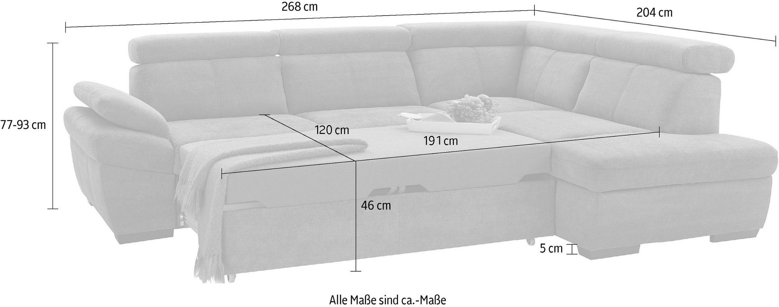 exxpo - sofa fashion Hoekbank Salerno, klassieke moderne functionele bank, hoog zitcomfort, L-vorm inclusief verstelbare hoofdsteun en armleuning, naar keuze met slaapfunctie