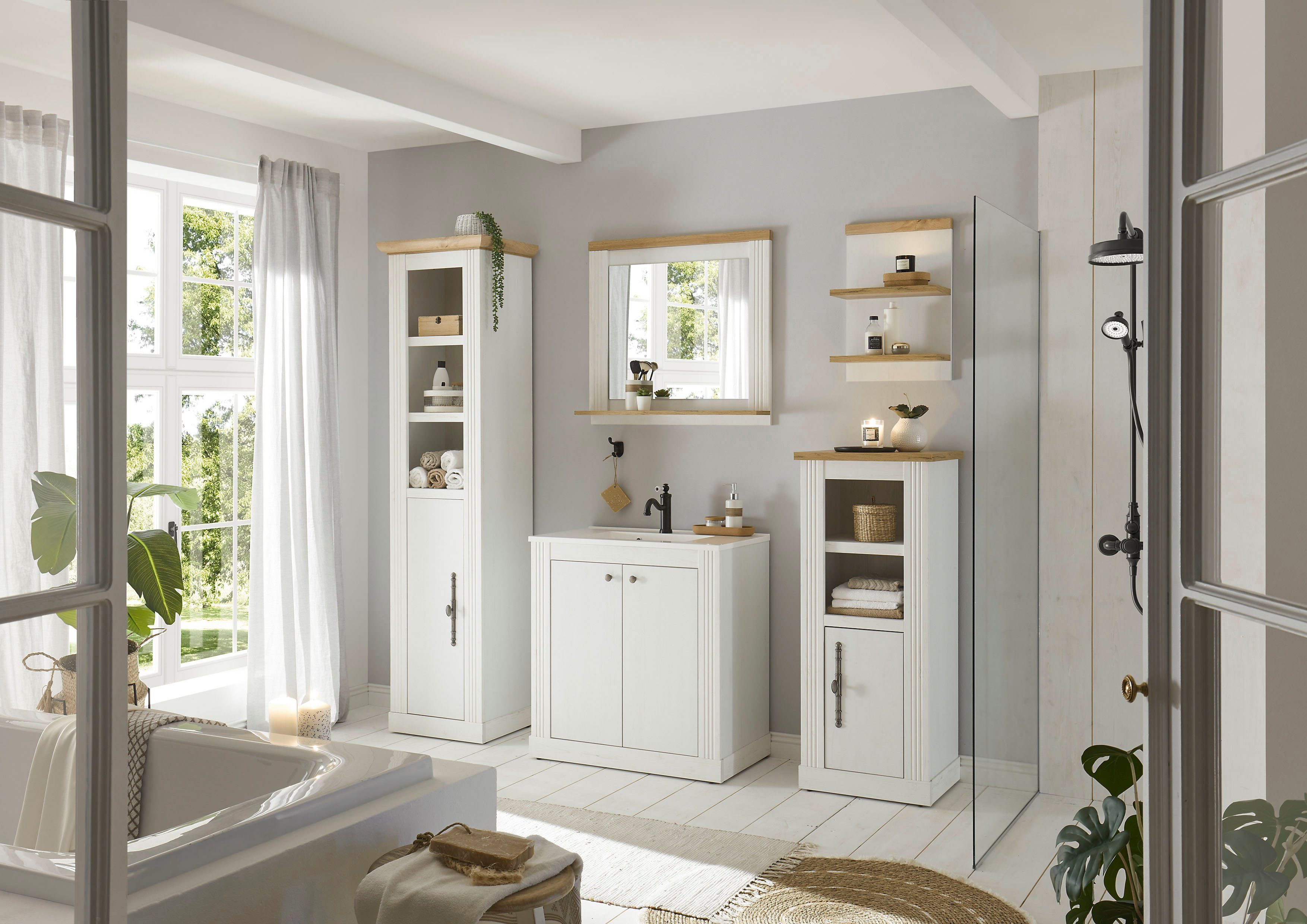 Home affaire Badkamerserie WESTMINSTER, badkamer in landhuisstijl, 5-delig badkamer Waschtafel, spiegel, midikast, plank, hoge kast, breedte 220 cm (5-delig)