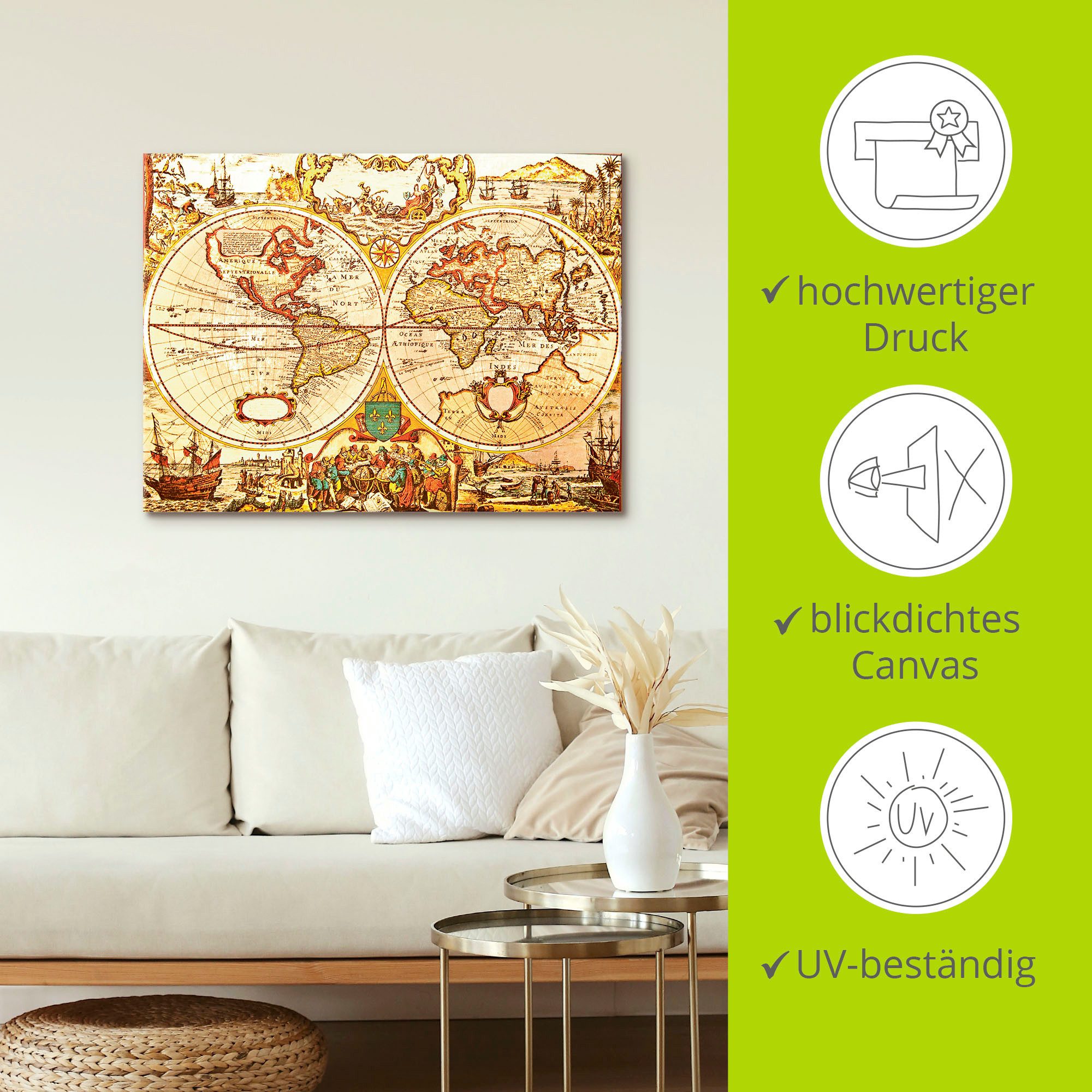 Artland Artprint Antieke wereldkaart als artprint van aluminium, artprint voor buiten, artprint op linnen, poster, muursticker