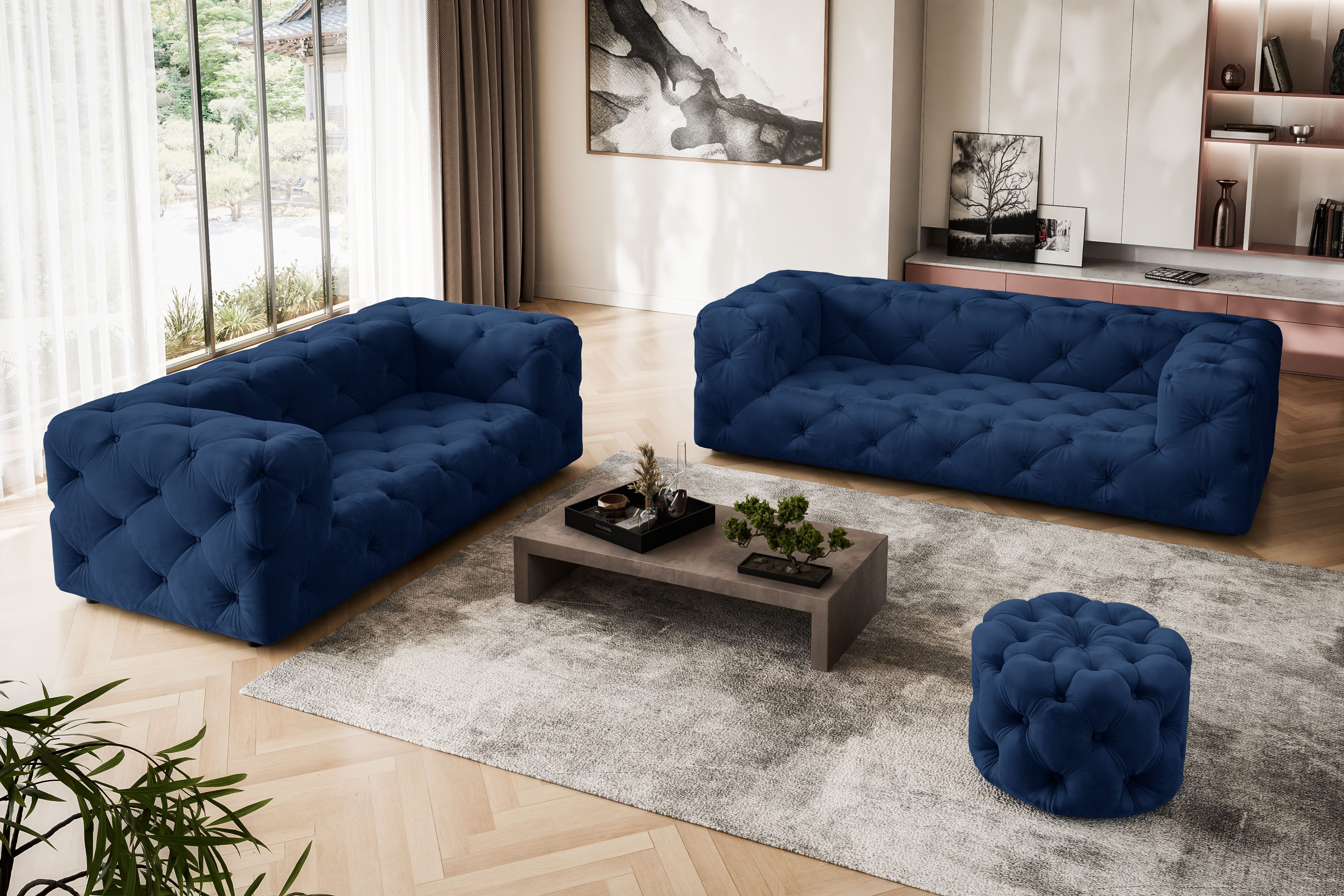 Places of Style 3-zitsbank FOLLINA 3-zits bank met klassieke chesterfield knoopverwerking blauw, 3-zitsbanken