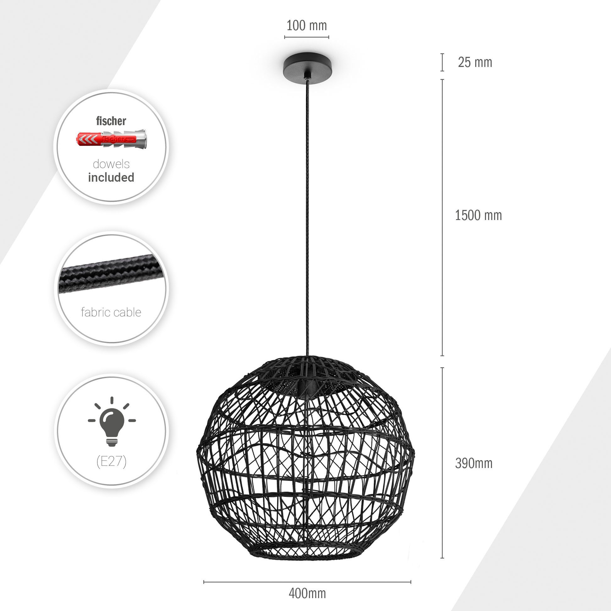 Paco Home Hanglamp Maite Rattan hanglamp mandlamp rond E27 Boho stijl modern woonkamer