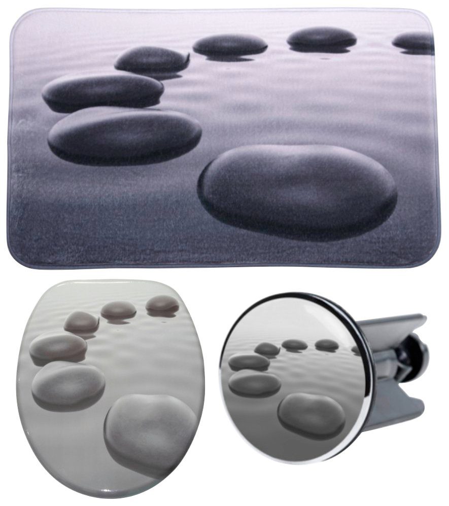 Sanilo Set badkameraccessoires Black Stones bestaand uit toiletzitting, badmat en wastafelplug (complete set, 3-delig) badkameraccessoires grijs