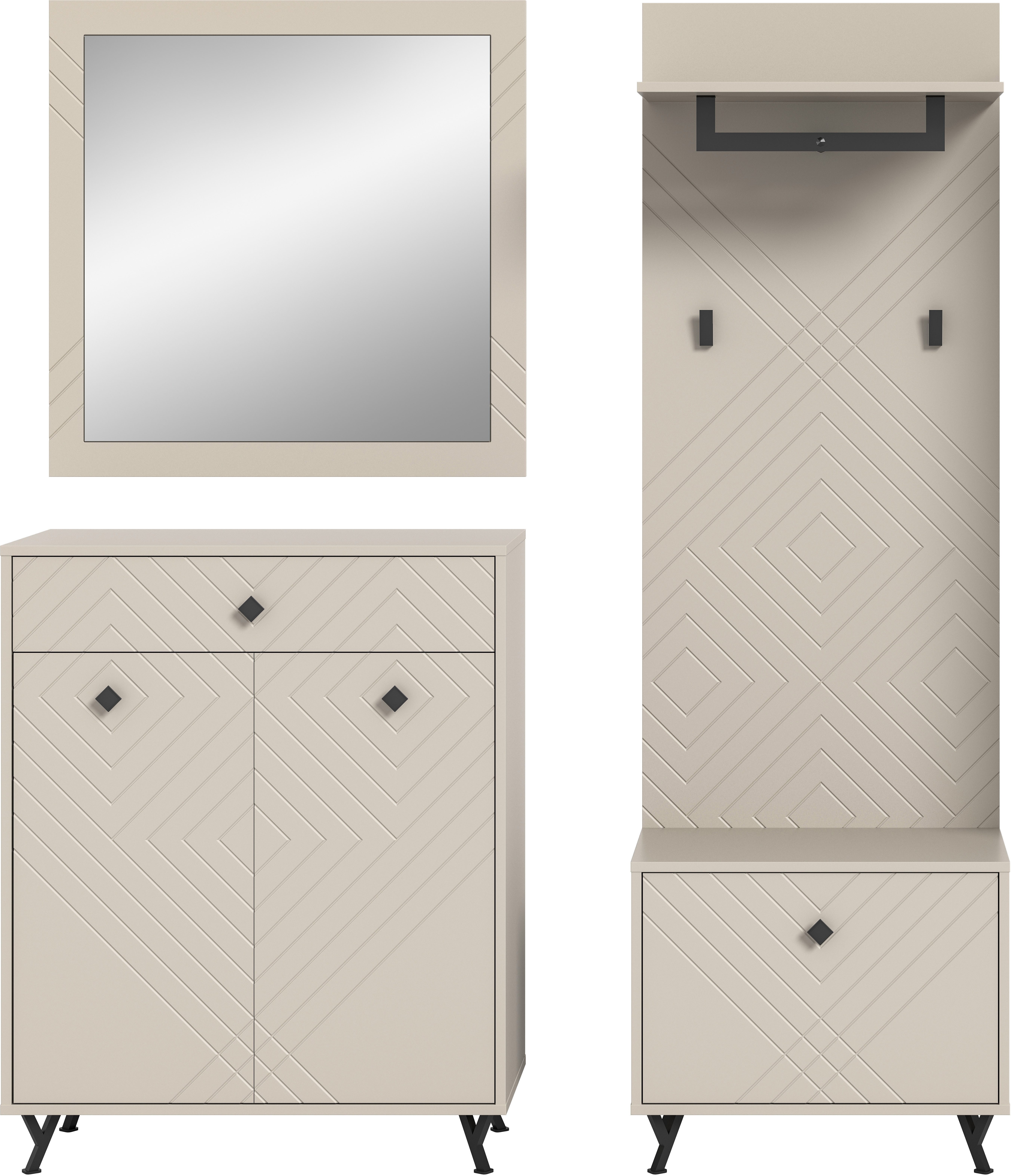 INOSIGN Halmeubelset Mento, 4-delig, ornamentfrezing in de front, bestaande uit: Commode, spiegel, zitbank & garderobenpaneel, metalen handgrepen & voeten (set, 4-delig)