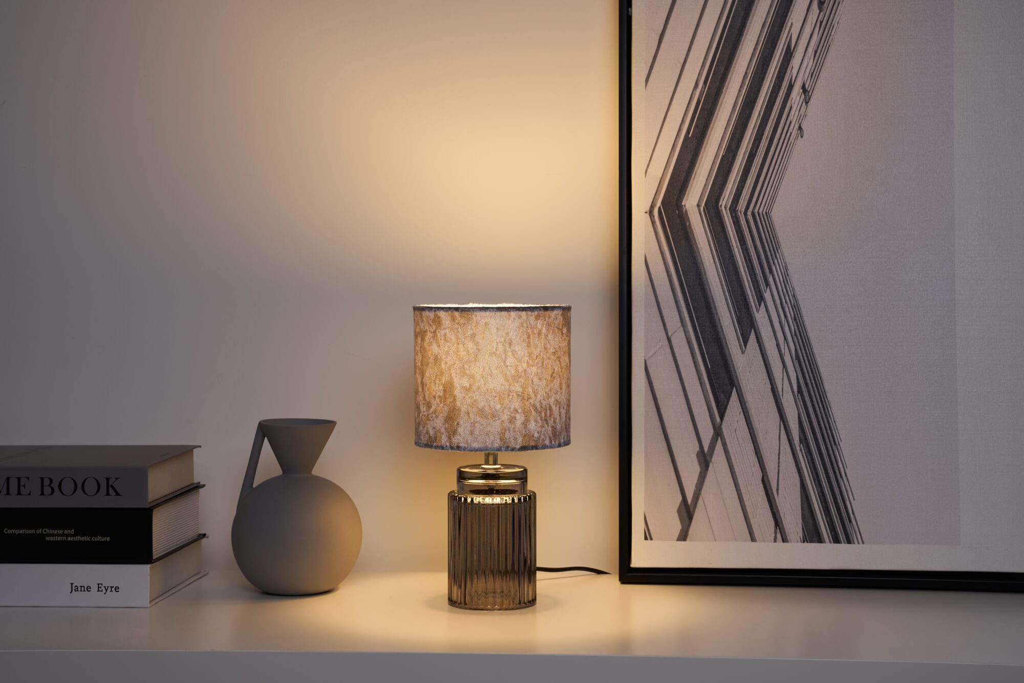 Pauleen Tafellamp Classy Velvet max20W grijs/rookglas 230V fluweel/glas